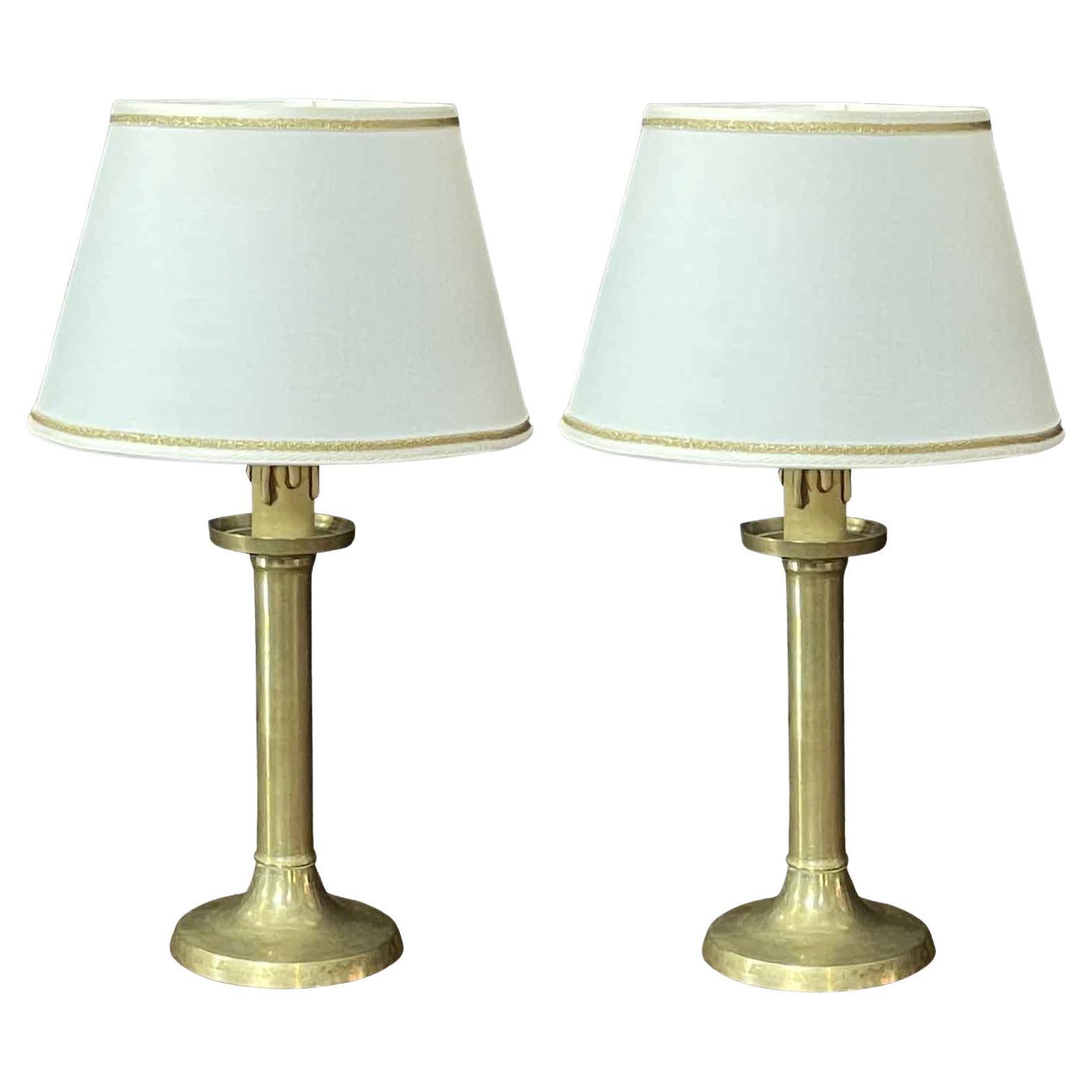 Italian Brass Candle Holder Bedside Lamps  19th Century Set of Two For Sale