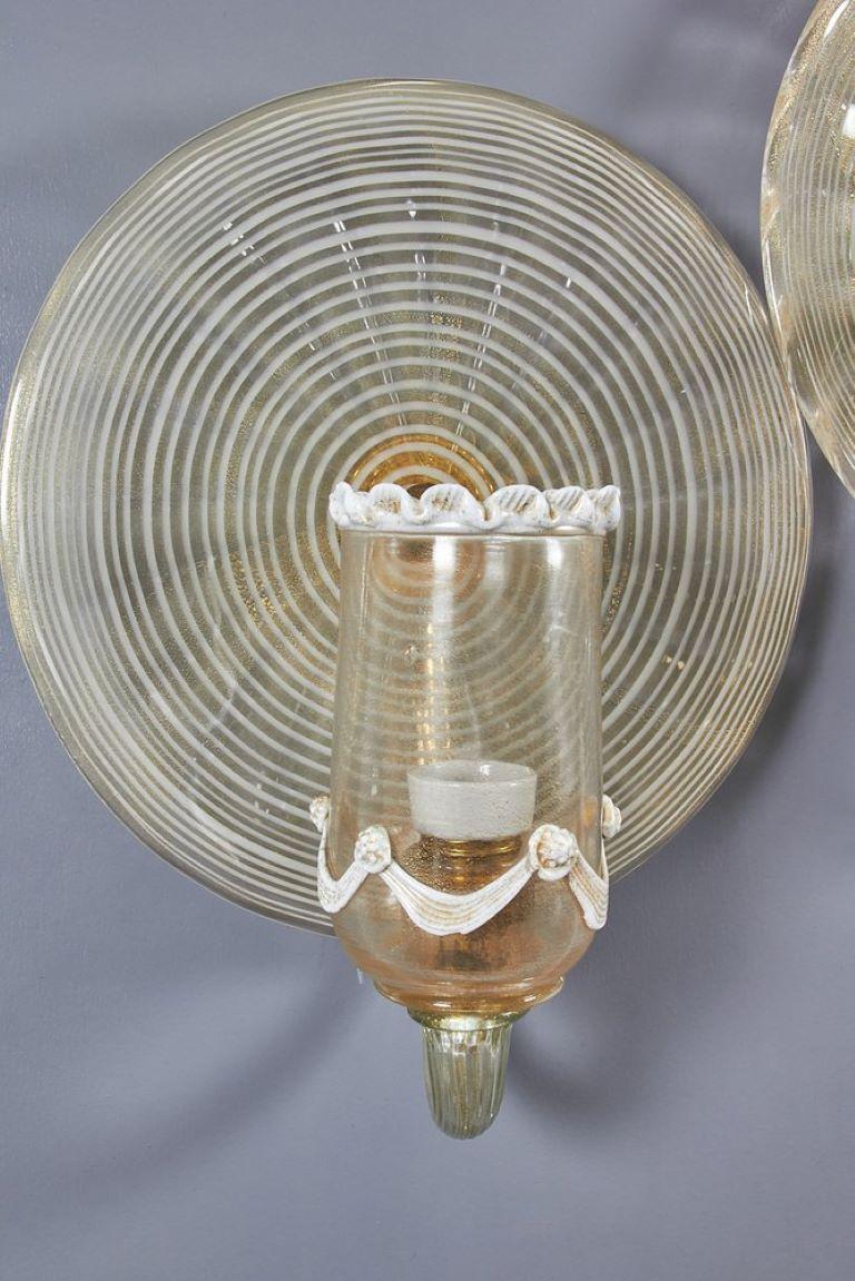 Rarissime applique in vetro di Murano, realizzate con inserti in oro da Ercole Barovier negli anni '30 a Murano, sono in perfette condizioni ottime ai lati del letto o per una sala, eleganti e raffinate.