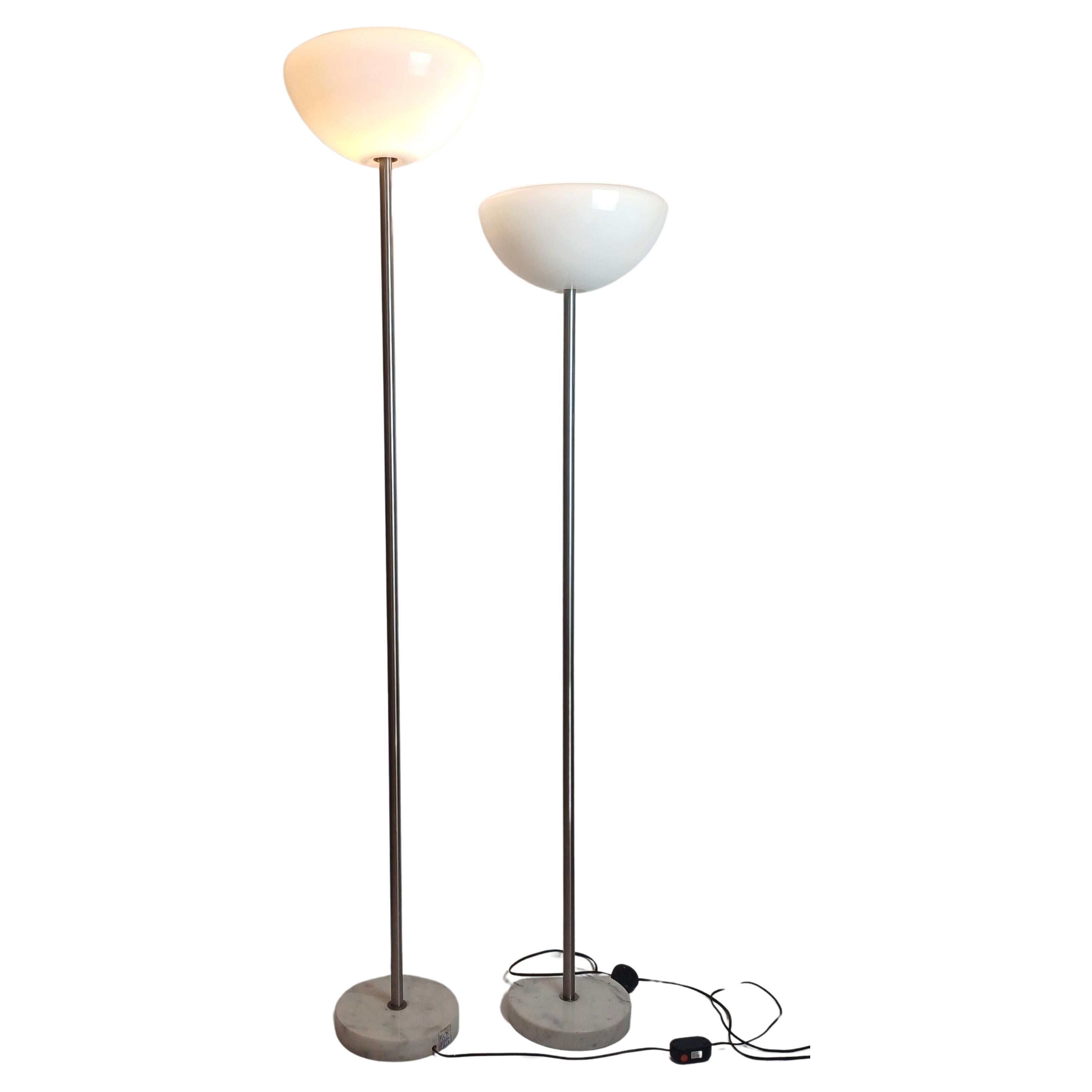Floor lamps, set of 2, in glass and marble Poppy model designed by  Achille and Pier Giacomo Castiglioni for Flos, 1964. Floor lamps with marble base, steel stem and white opal glass diffuser. Produced by Flos based on a design by Achille