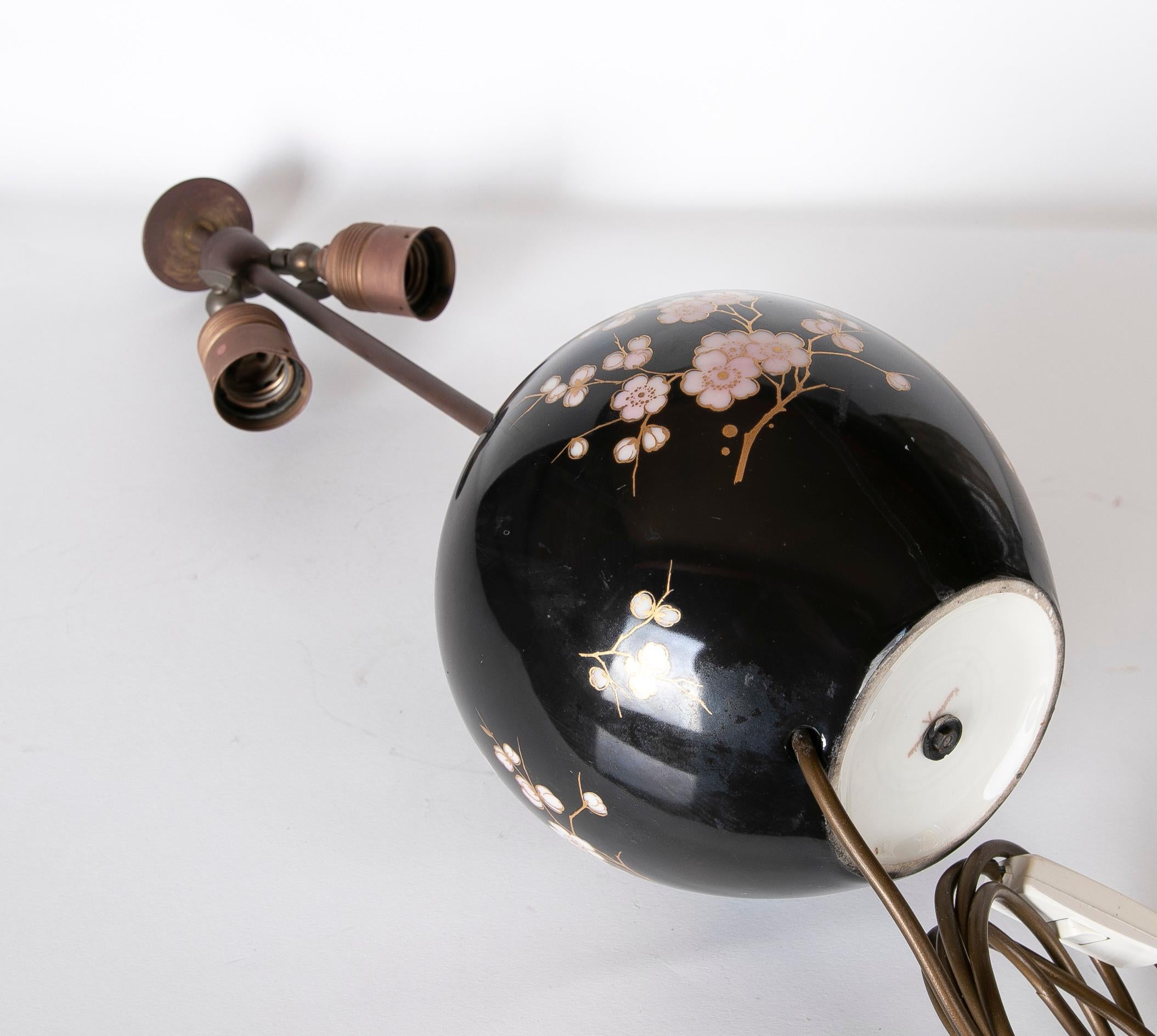 Porcelain Lamp in Black with Flower Decoration For Sale 5