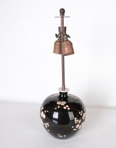 Porcelain Lamp in Black with Flower Decoration
