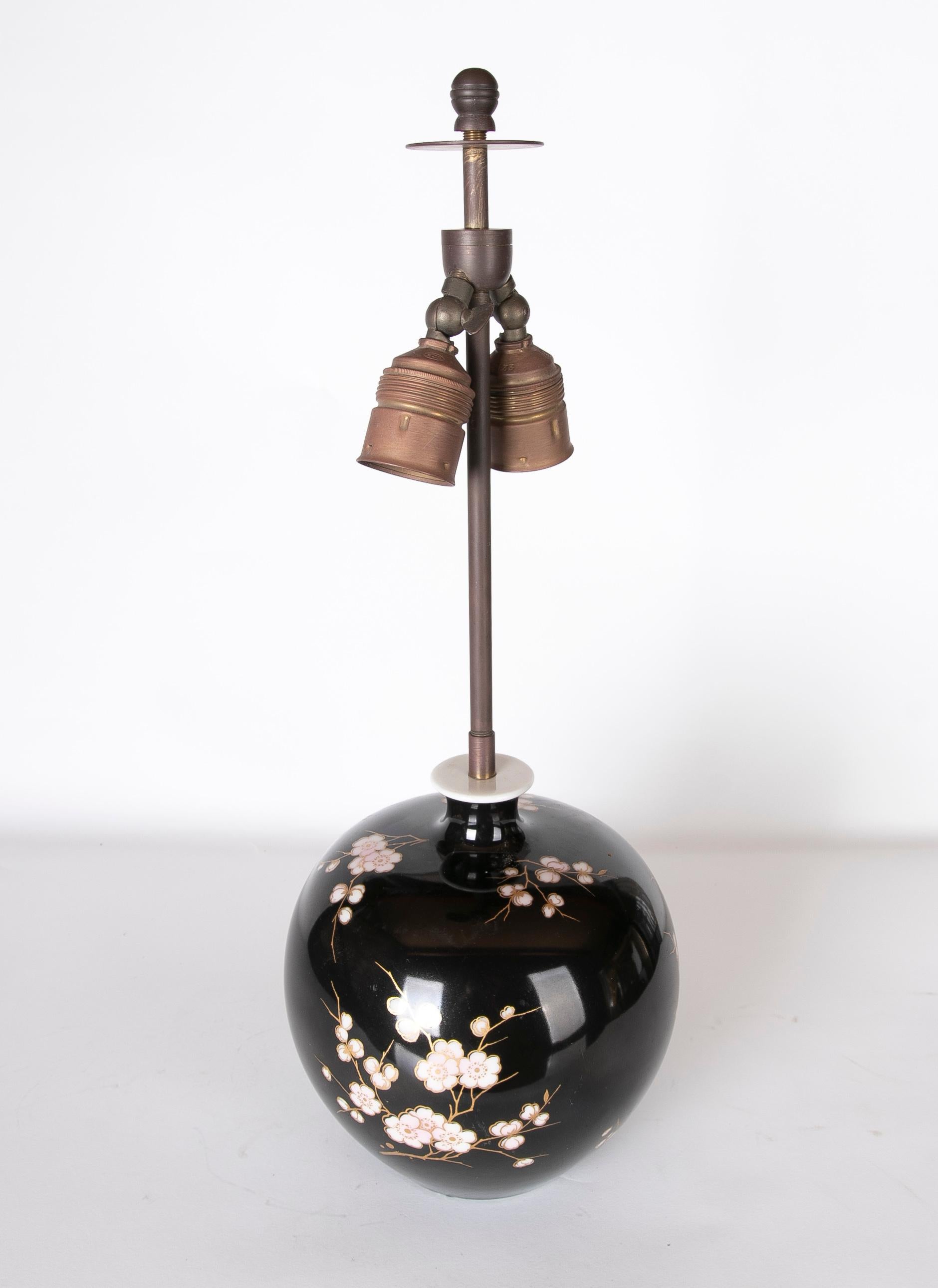 Hand-Painted Porcelain Lamp in Black with Flower Decoration For Sale