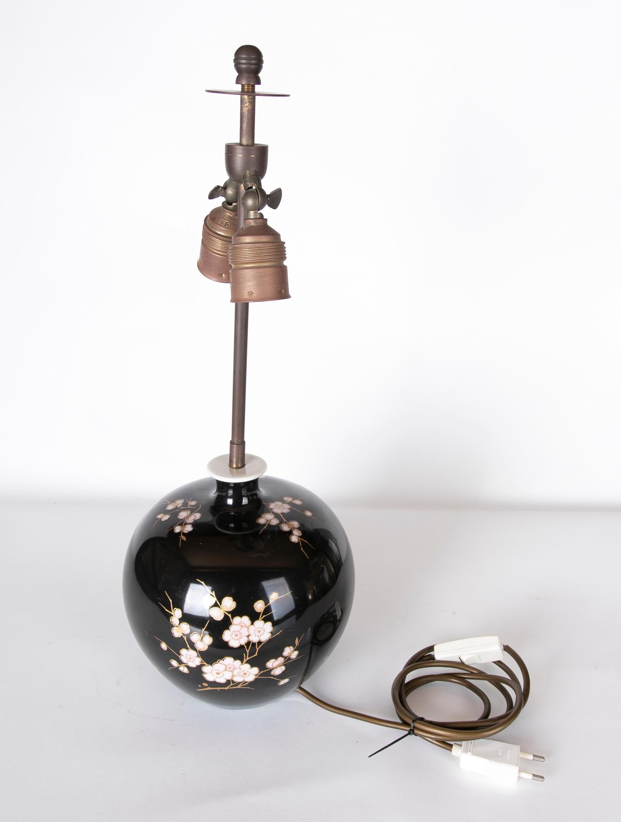 Ceramic Porcelain Lamp in Black with Flower Decoration For Sale