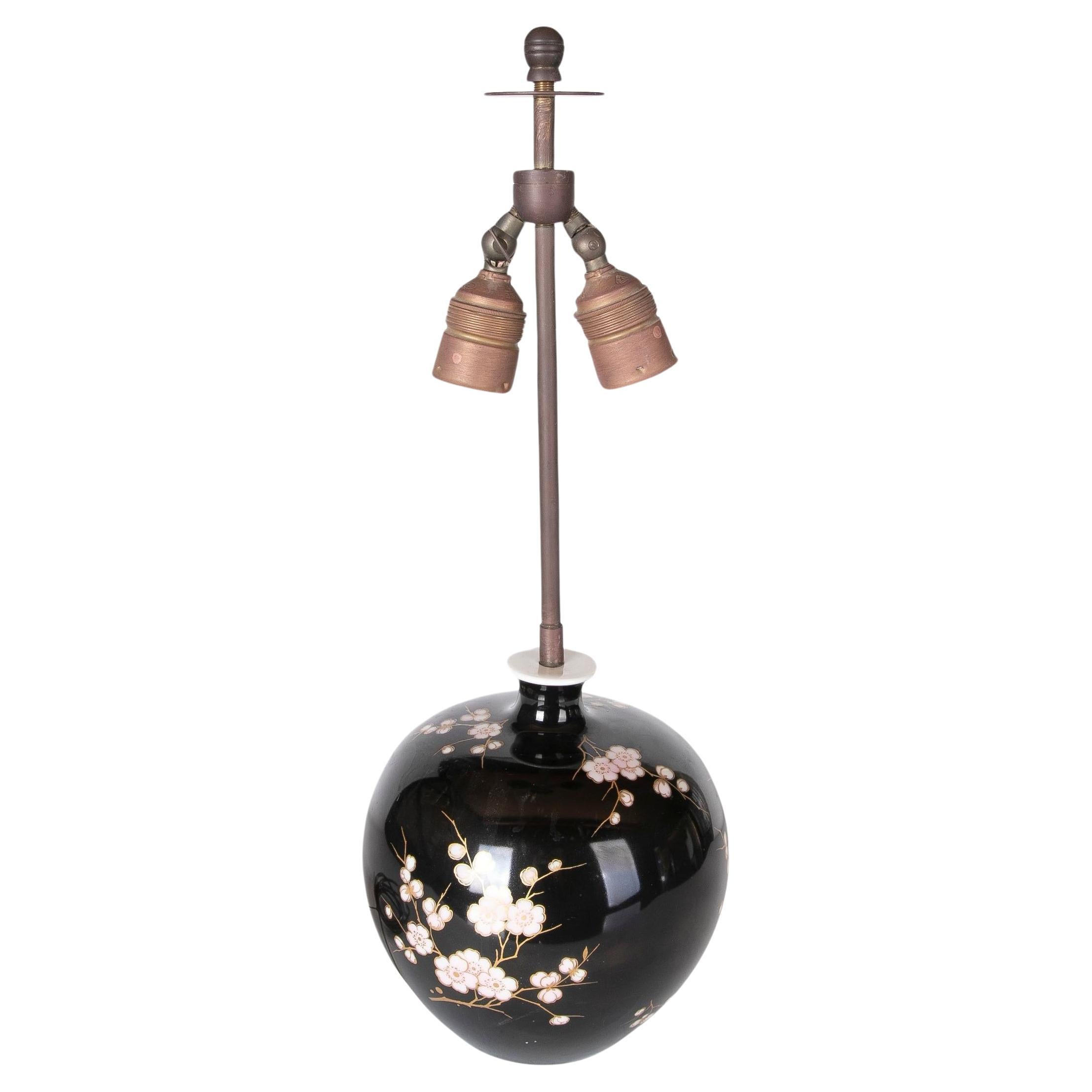 Porcelain Lamp in Black with Flower Decoration For Sale