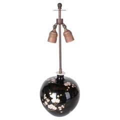 Porcelain Lamp in Black with Flower Decoration