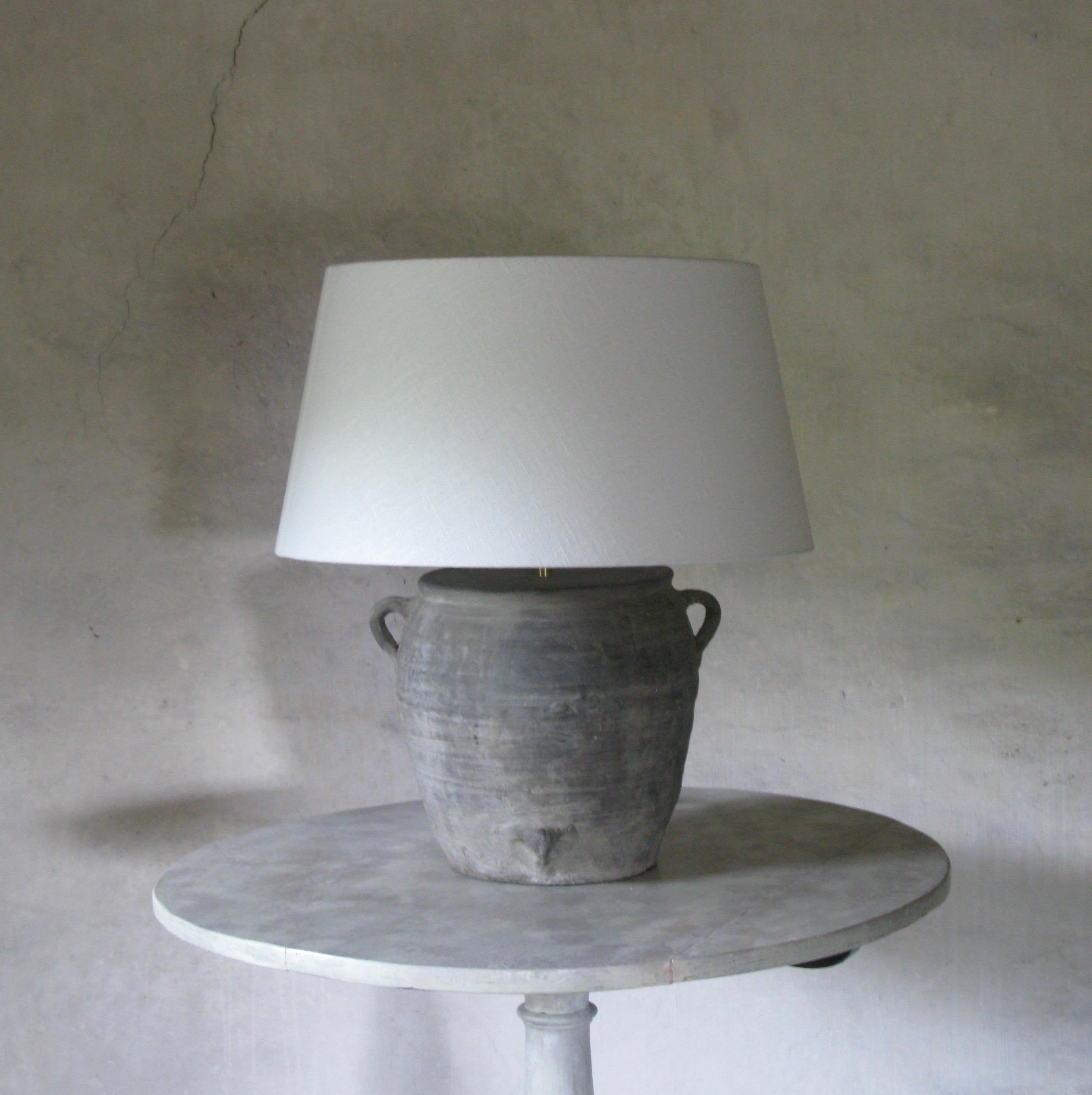 Spanish Lamp, Clay Pot Lamp, Organic Lamp, Grey Stone Lamp, Old Lamp, Linen Shade