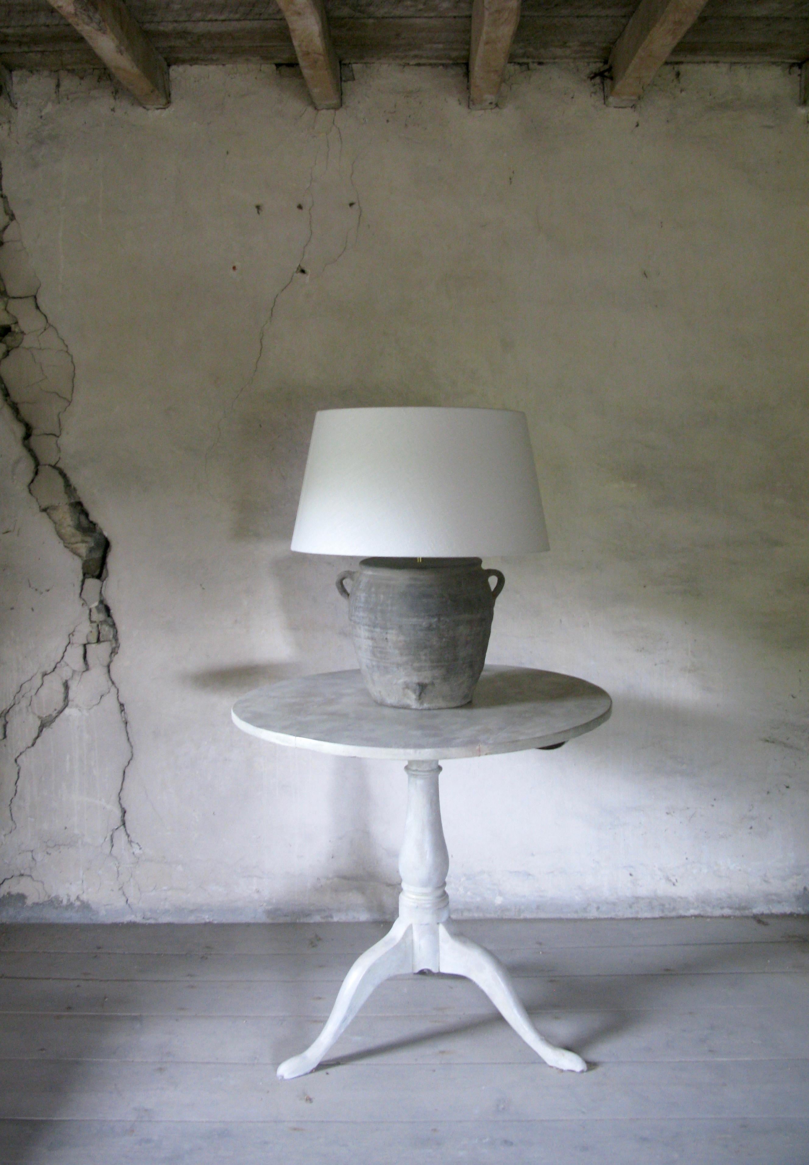 Lamp, Clay Pot Lamp, Organic Lamp, Grey Stone Lamp, Old Lamp, Linen Shade In Good Condition In South Cotswolds, GB