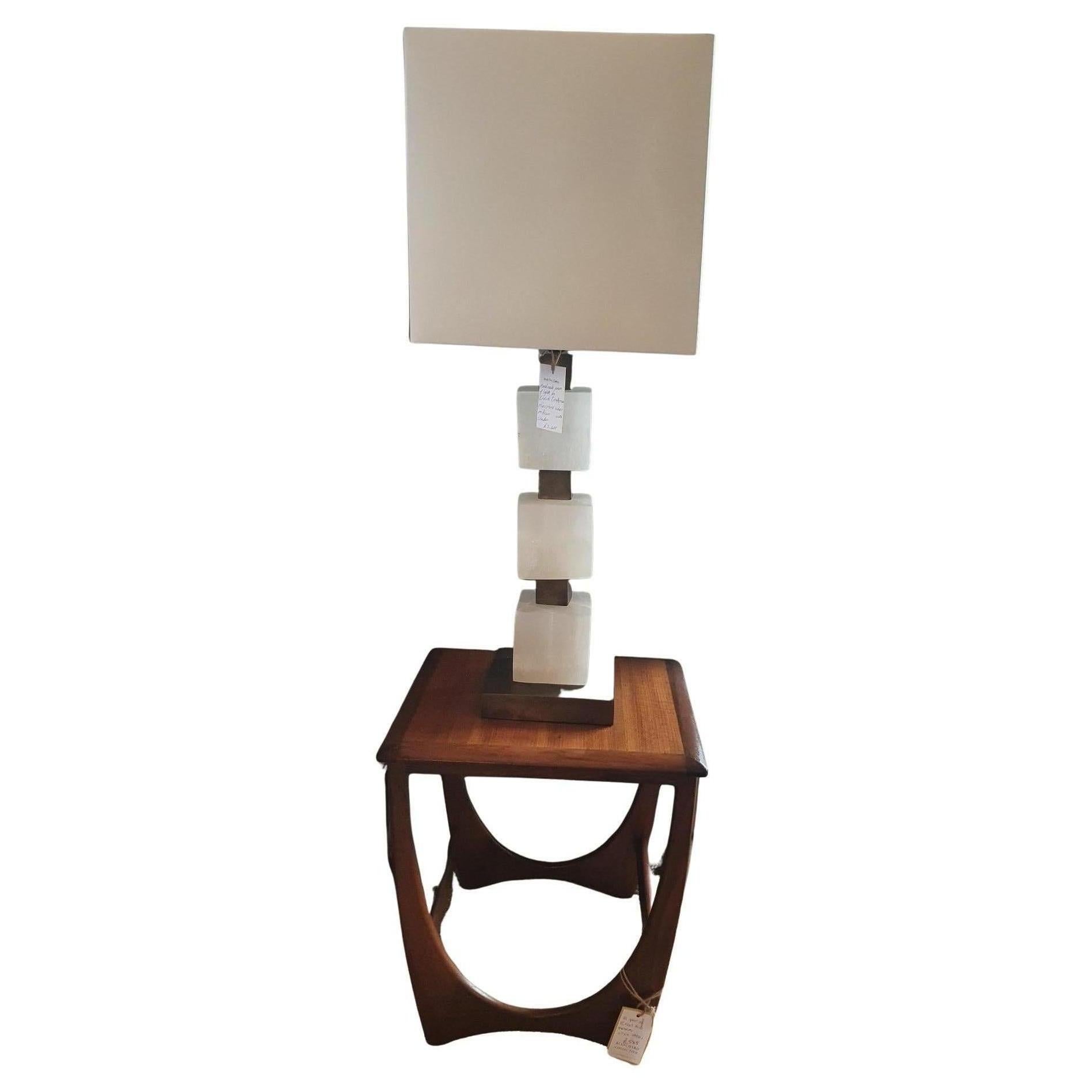 These amazing brutalist style table lamps, hand made by Cinabre Gallery, consisting of hand cast bronze base and cube spacers with 3 hand carved and hand polished Selenite cubes each one approx. 11cm cubed (4.25