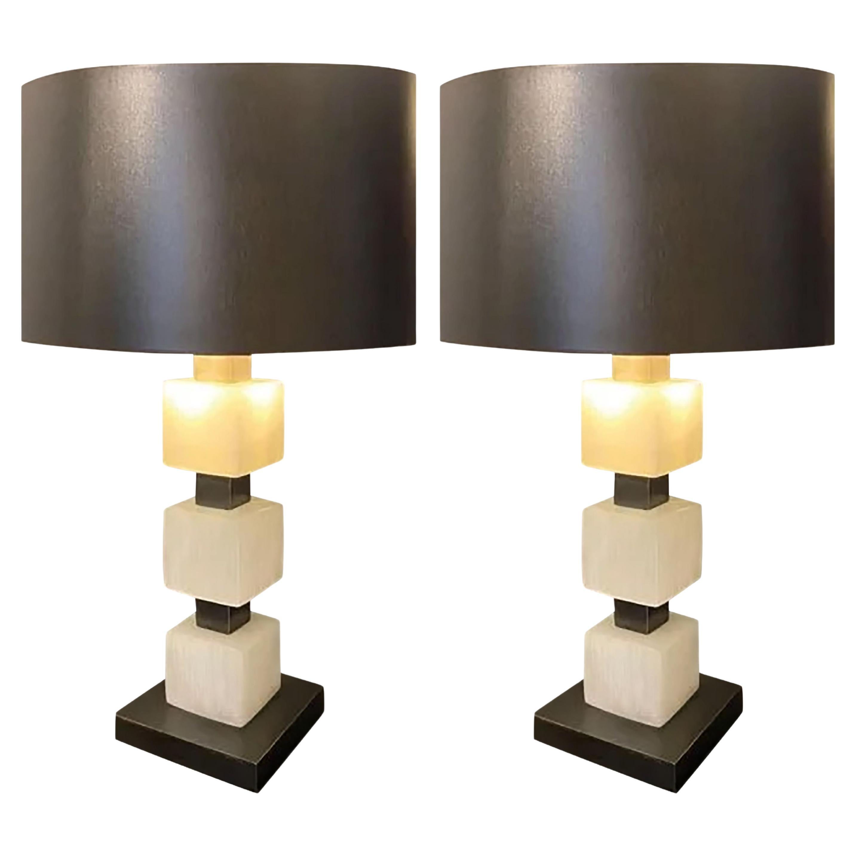 Lampe Cubes by Cinabre Gallery, solid Bronze and hand carved 
polished Selenite For Sale