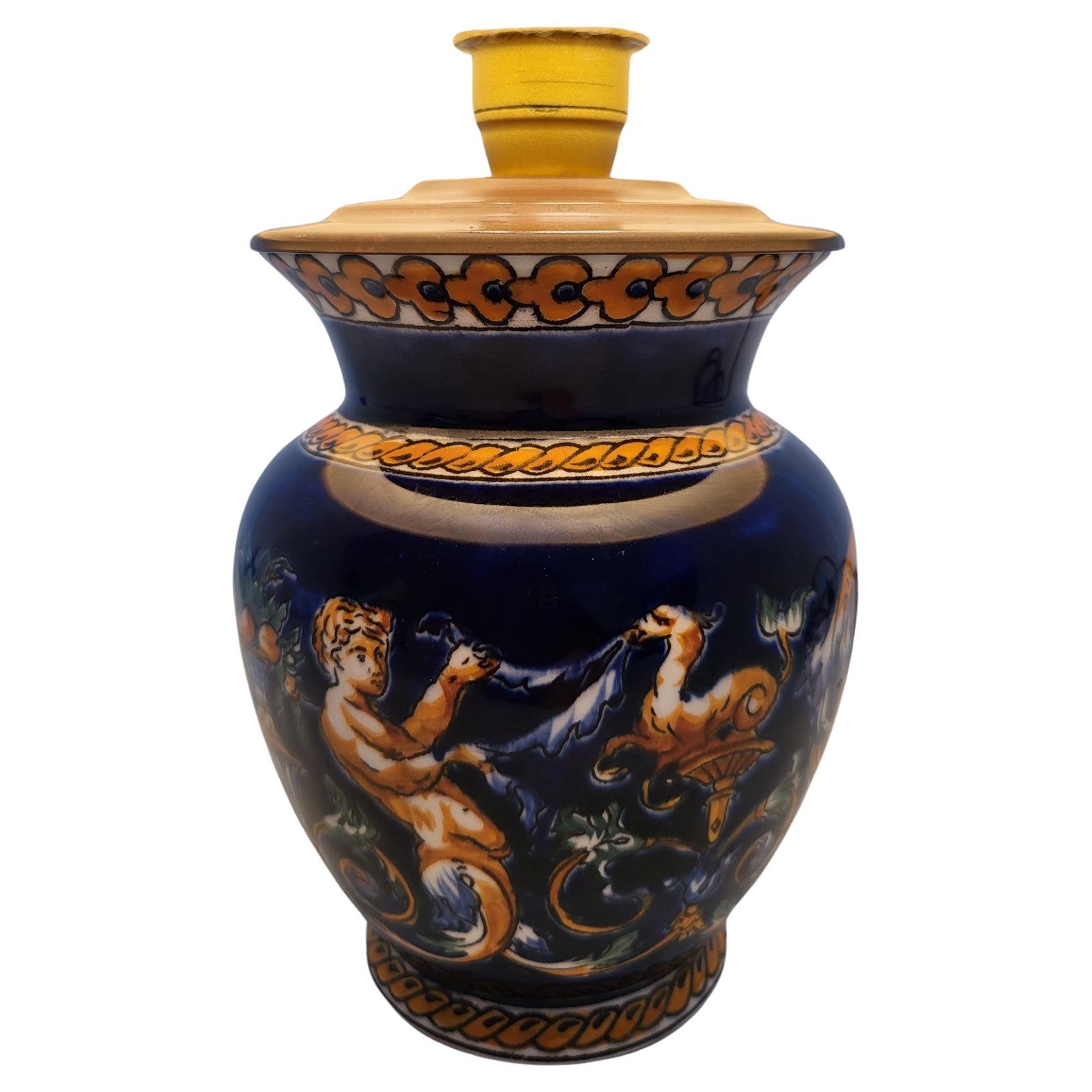 French Lampe de chevet en céramique de Gien décor Renaissance bleu Francais  Vintage For Sale