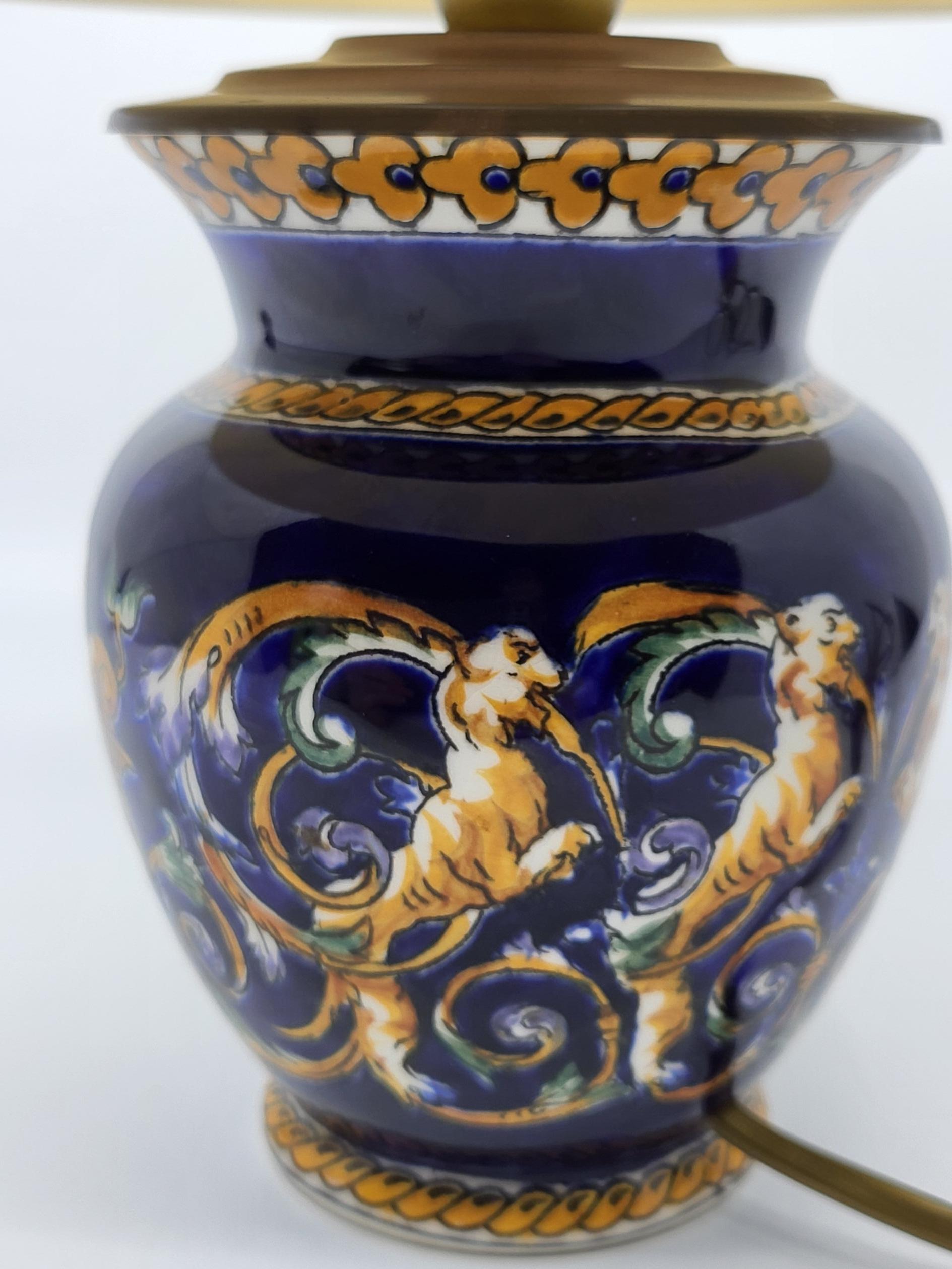 Ceramic Lampe de chevet en céramique de Gien décor Renaissance bleu Francais  Vintage For Sale