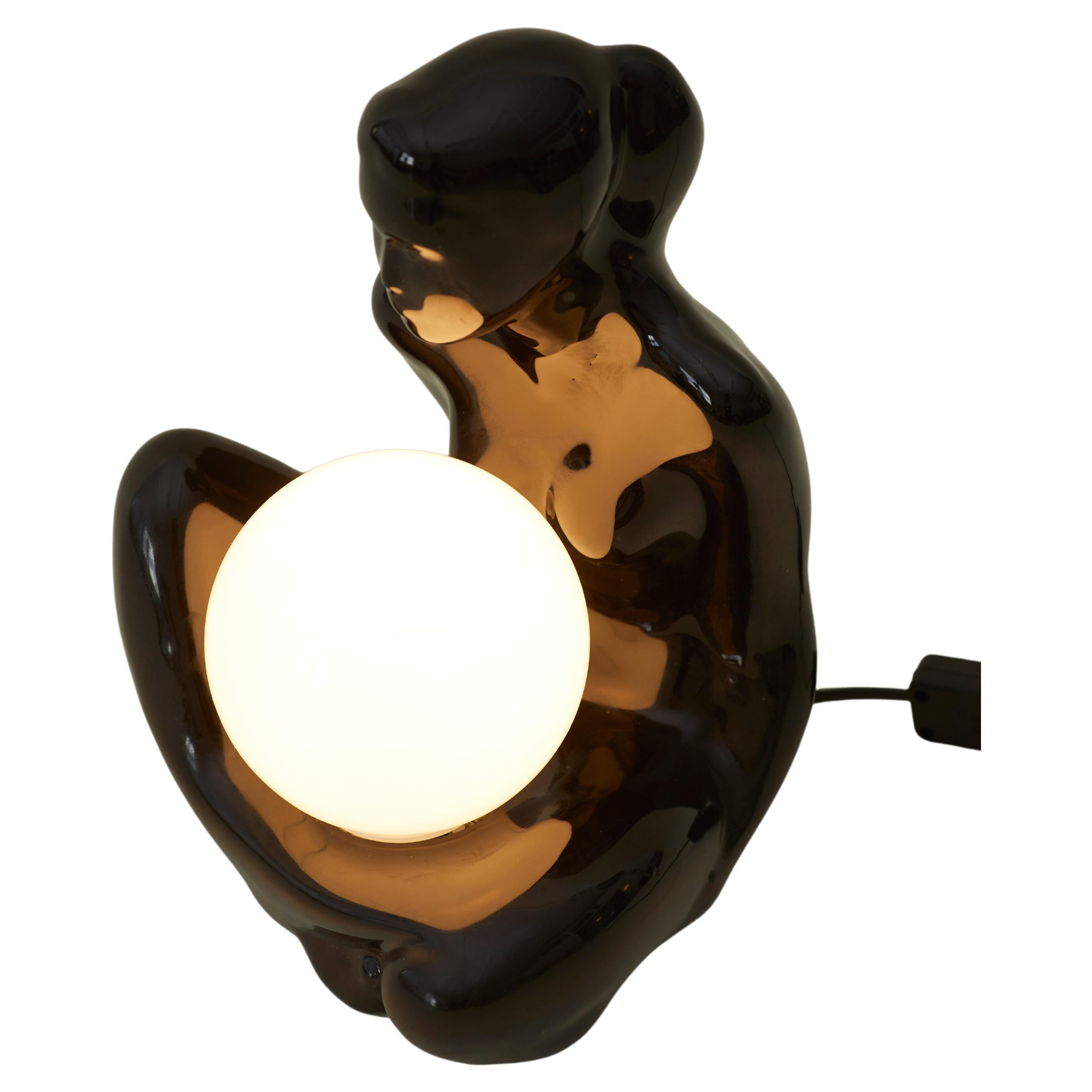 Lampe en céramique noire et globe opaline Vintage Circa 1970/80