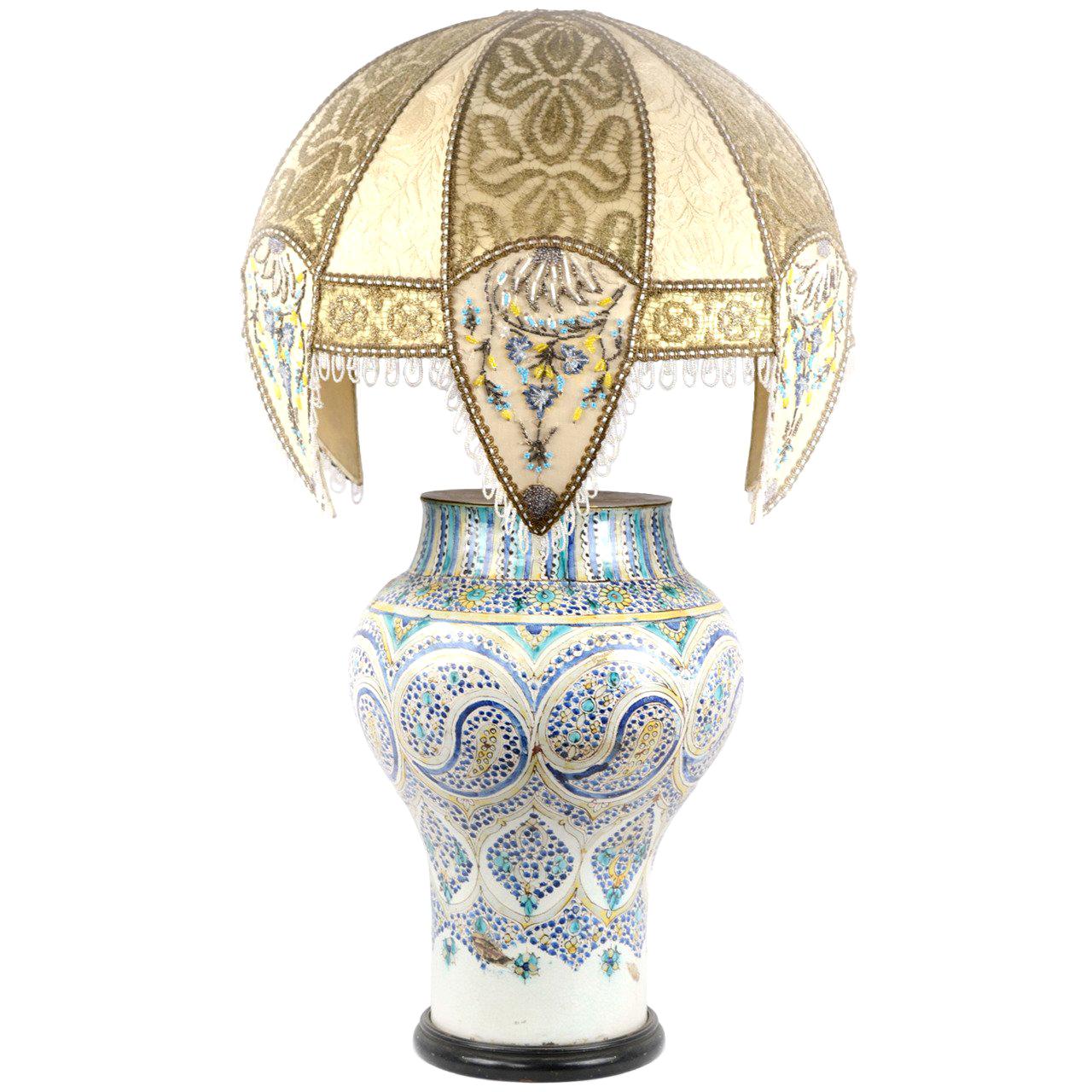 Lamped Iznik Vase with Embroidered Silk Shade For Sale