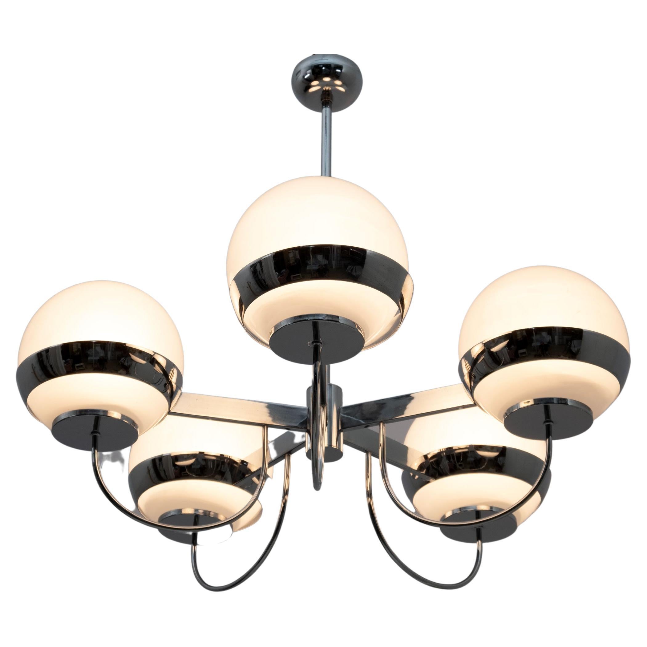 Lamperti Mid-century Modern Italian Chrome and Blown Glass Chandelier, 70s For Sale