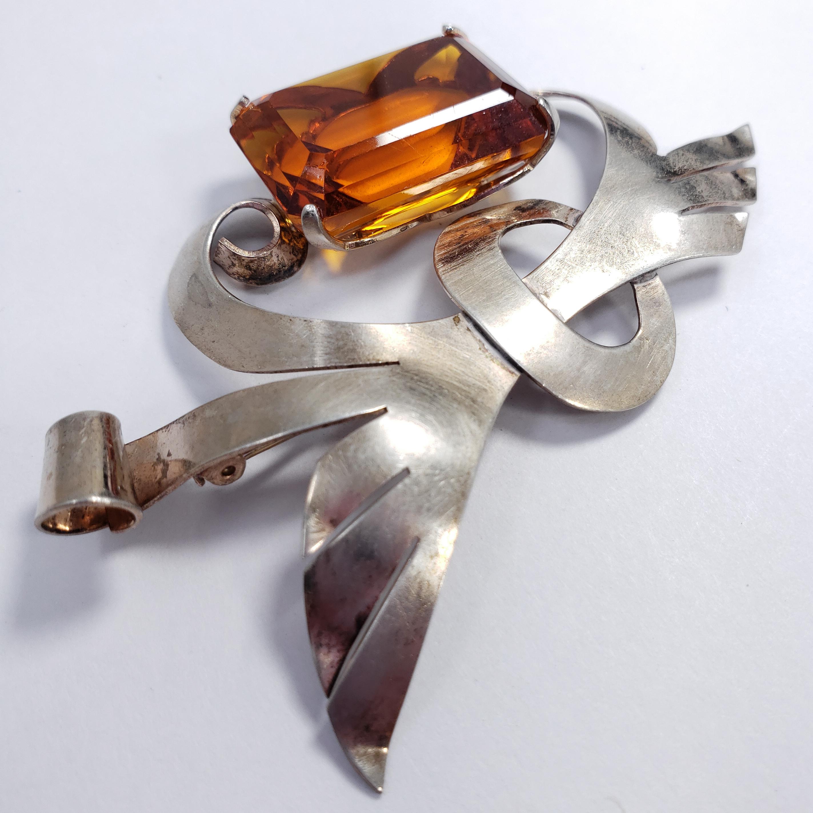Lampl Sterling Silver Decorative Bow Motif Pin Brooch With Large Orange Crystal In Fair Condition For Sale In Milford, DE