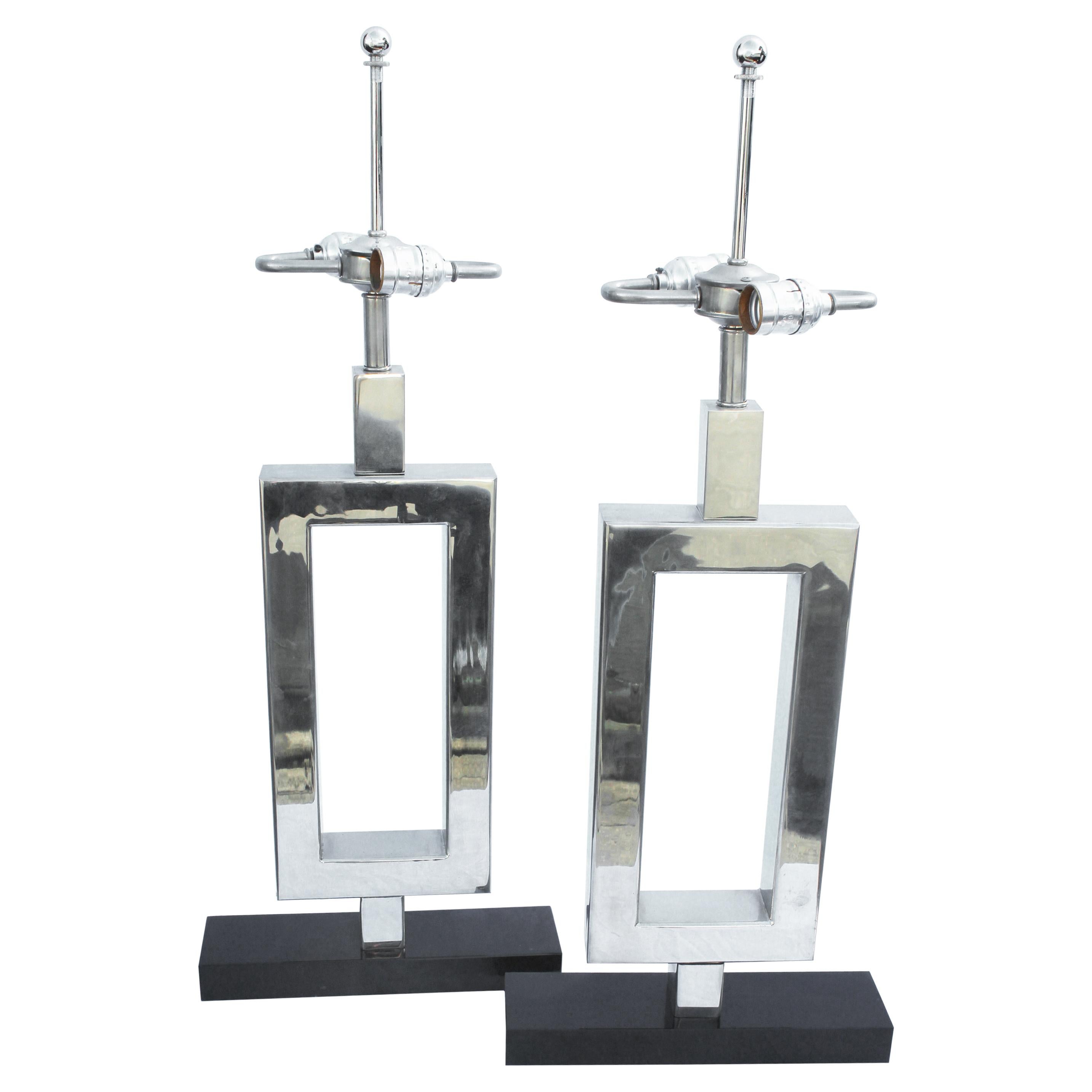 Lamps Deco/Modern, Marble Base, Hi-Polished Nickel a Pair
