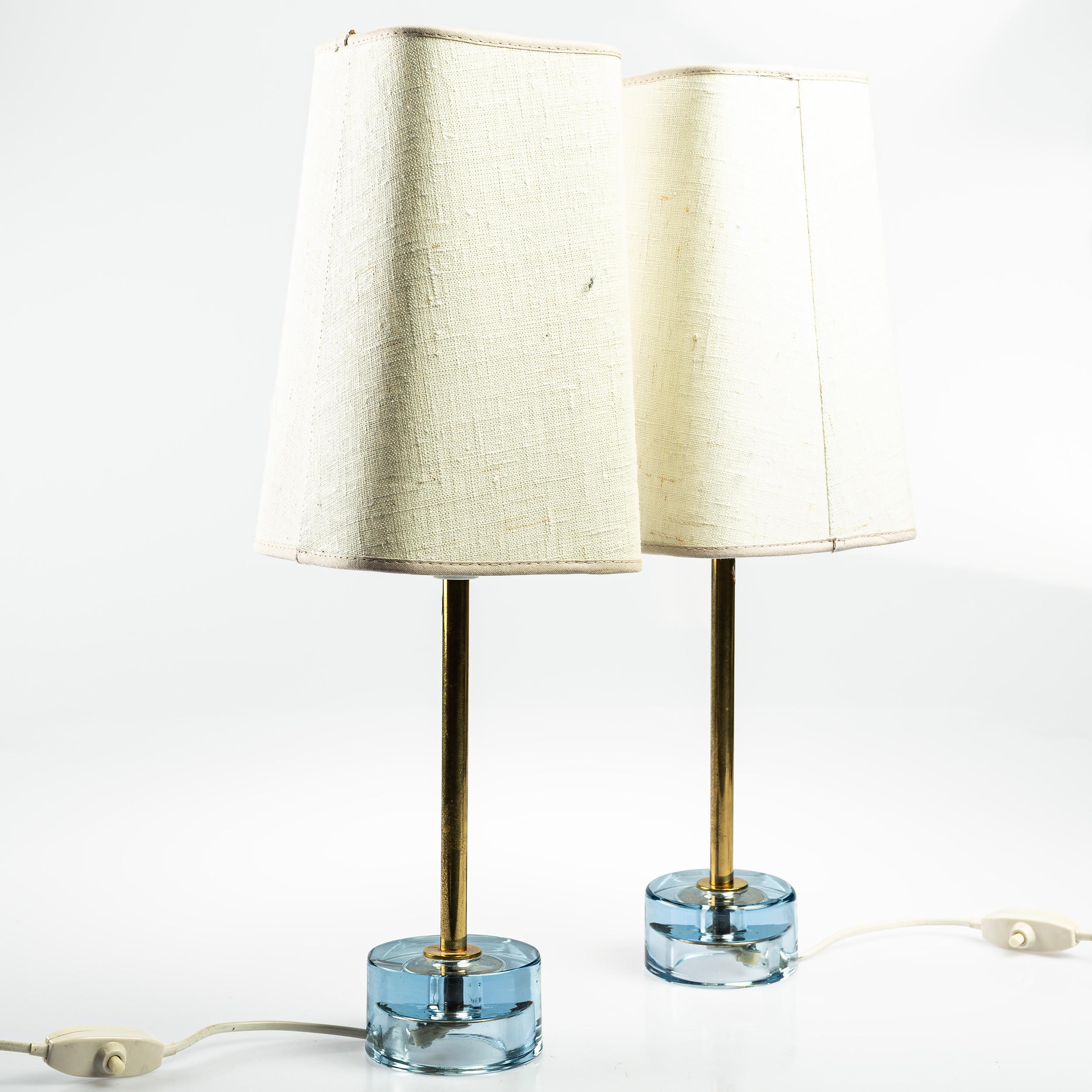 European Lamps 'Fontana Arte' style  a pair in blue cast glass and brass Italy 1960 For Sale