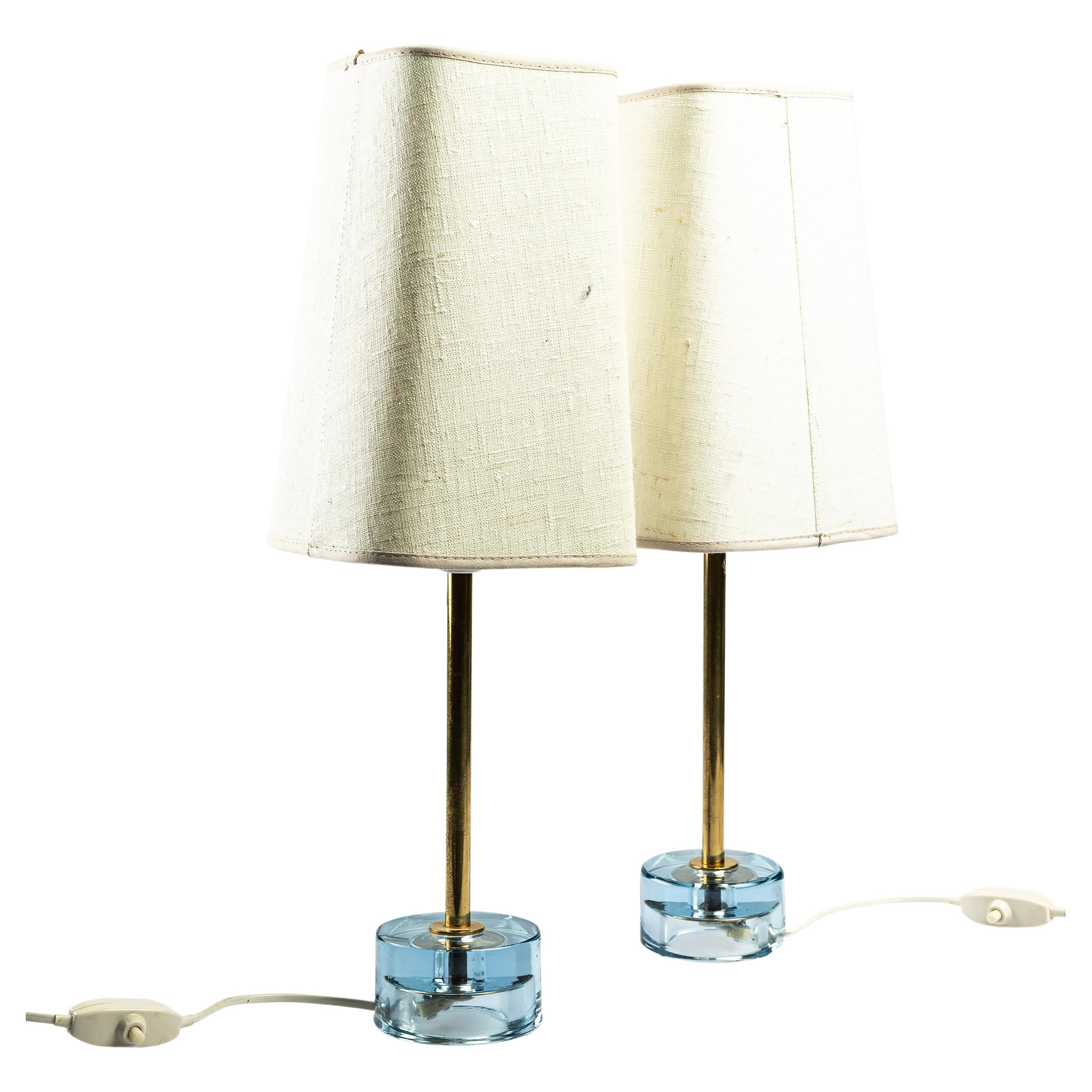 Lamps 'Fontana Arte' style  a pair in blue cast glass and brass Italy 1960 For Sale