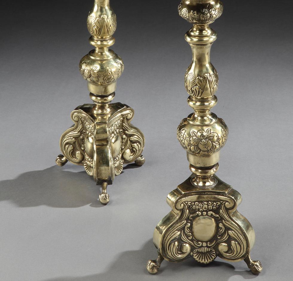 English Lamps Pair Candlesticks Brass Repousee Chased 19th Century Antiquarian Baroque For Sale