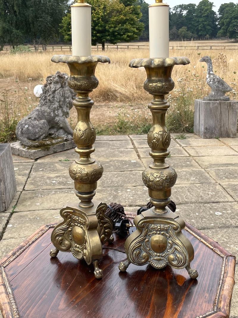 Repoussé Lamps Pair Candlesticks Brass Repousee Chased 19th Century Antiquarian Baroque For Sale