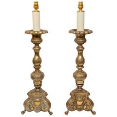 Lampade Coppia di candelieri Ottone Repousee cesellato Secolo XIX Antiquariato Barocco