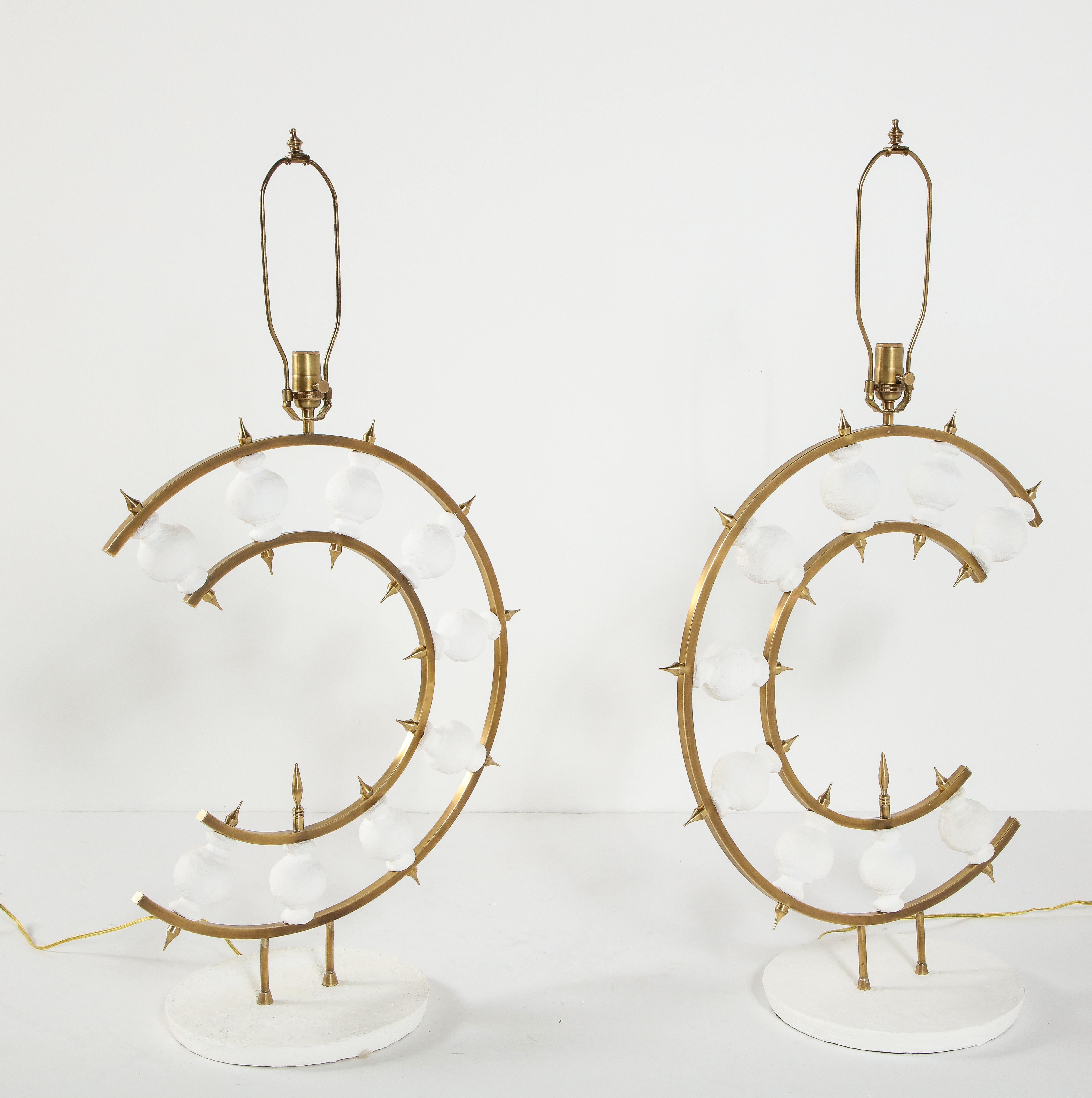 Pair of Lamps, Plaster and Brass, Organic Shape, Contemporary Tall Lamps Design For Sale 7