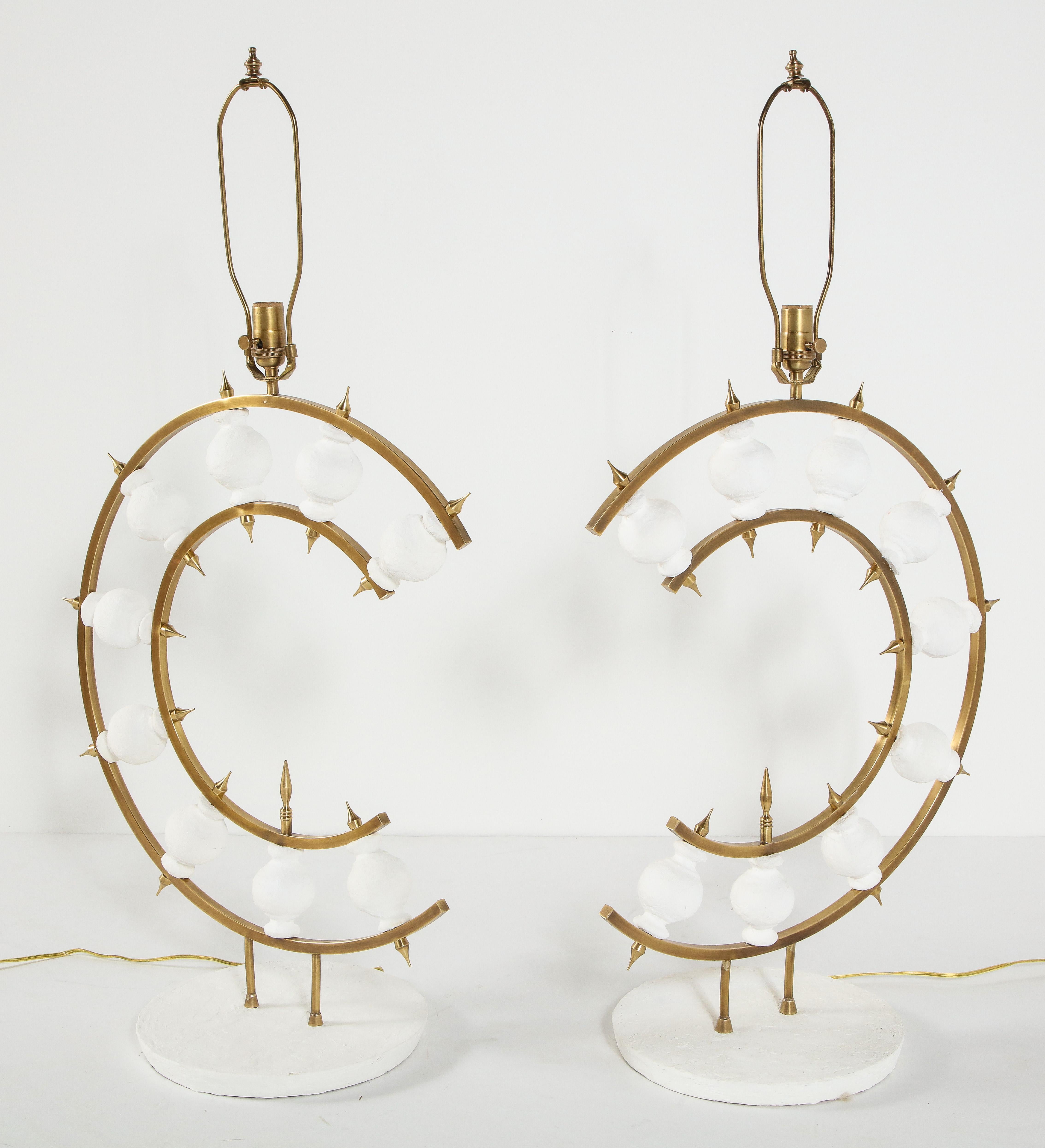 Pair of Lamps, Plaster and Brass, Organic Shape, Contemporary Tall Lamps Design For Sale 2