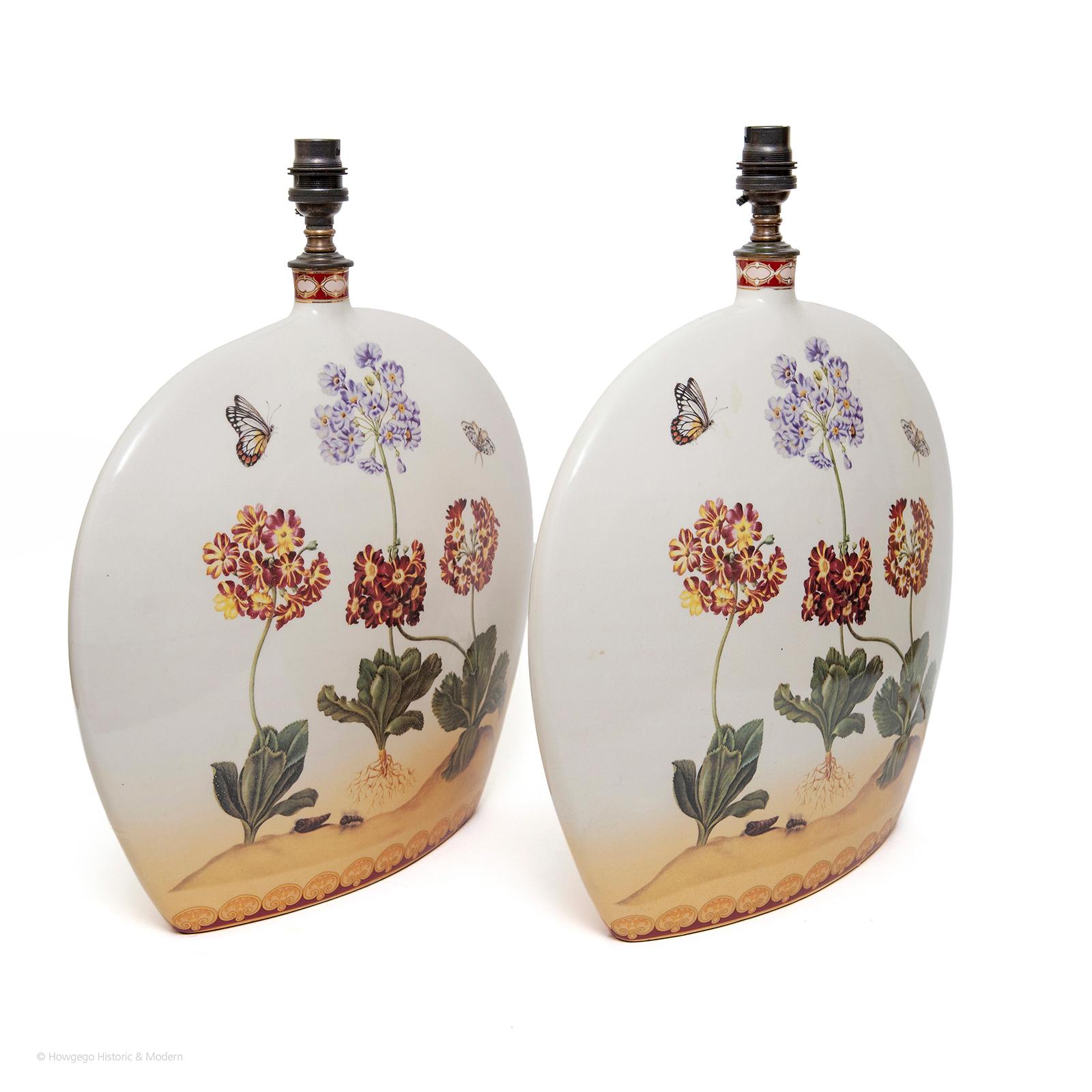 Mid-Century Modern Lamps Pair Porcelain Narrow Floral Butterflies Bottle Shape Customshades For Sale