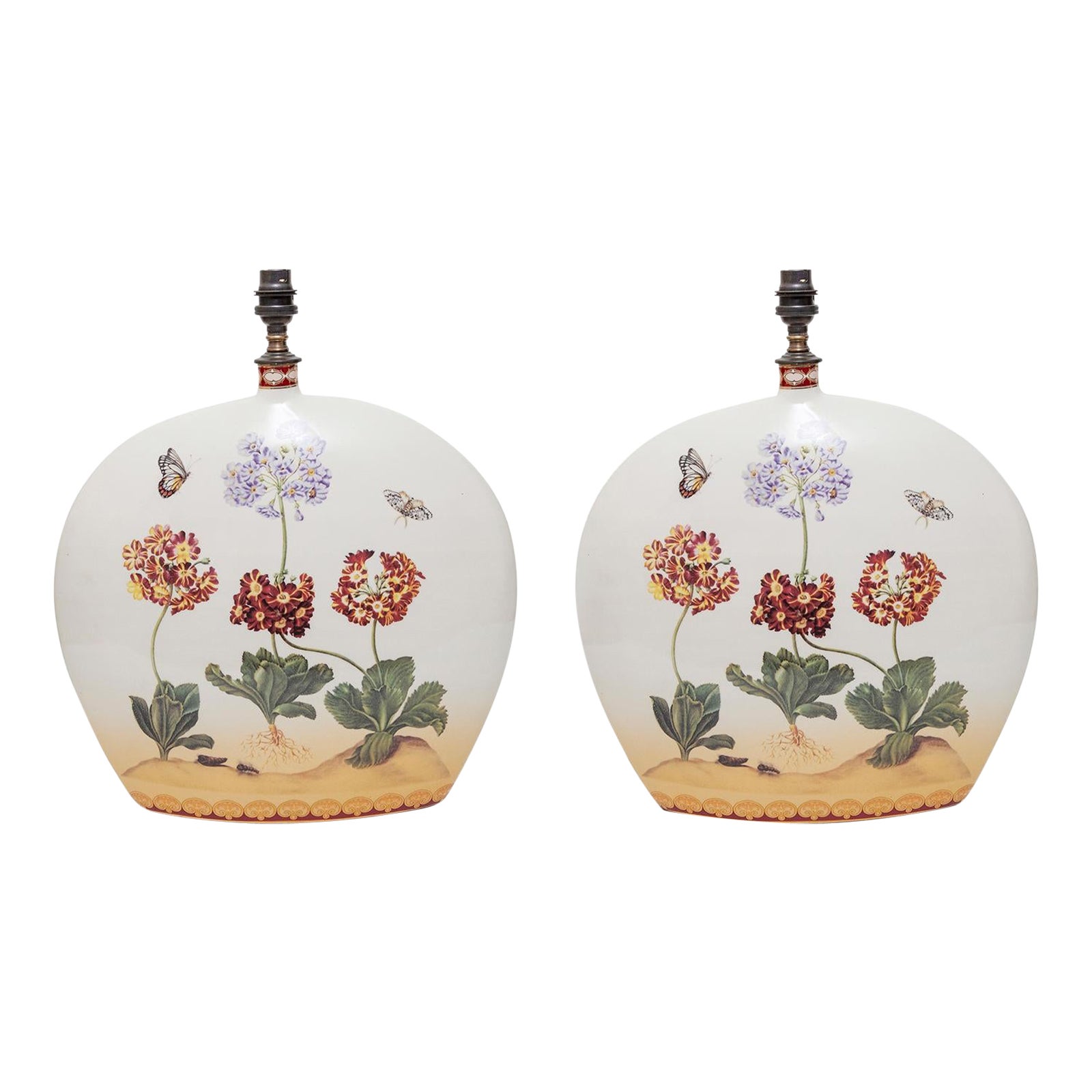 Lamps Pair Porcelain Narrow Floral Butterflies Bottle Shape Customshades