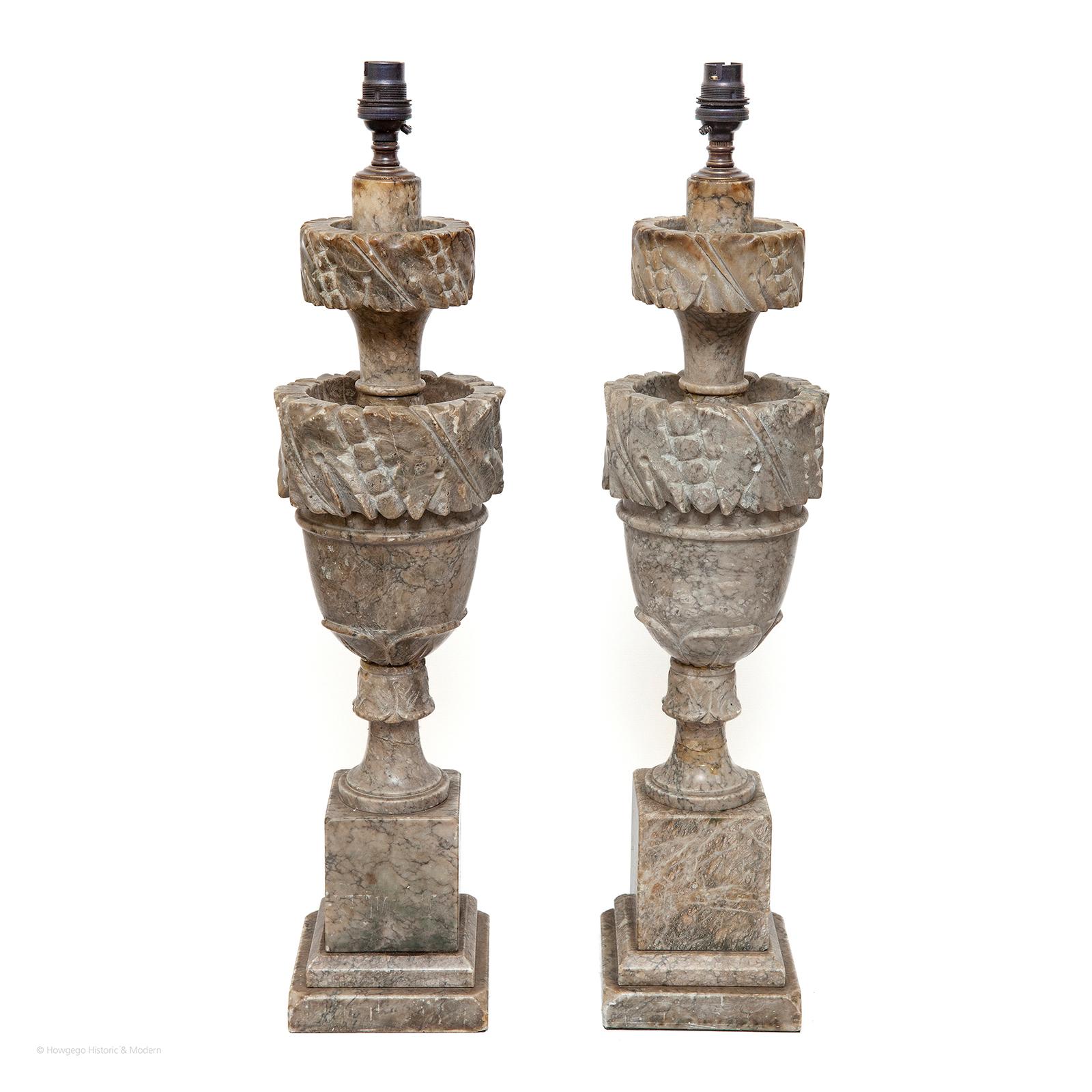 PAIR OF LARGE, 19TH CENTURY, NEO-CLASSICAL, MARBLE CANDLESTICKS UPCYCLED INTO TABLE LAMPS, 21” HIGH, 

Elegant neoclassical style inspired by antiquity
The marble has a soft earth palette with ochre tones and an aged patina.
Simple classical form