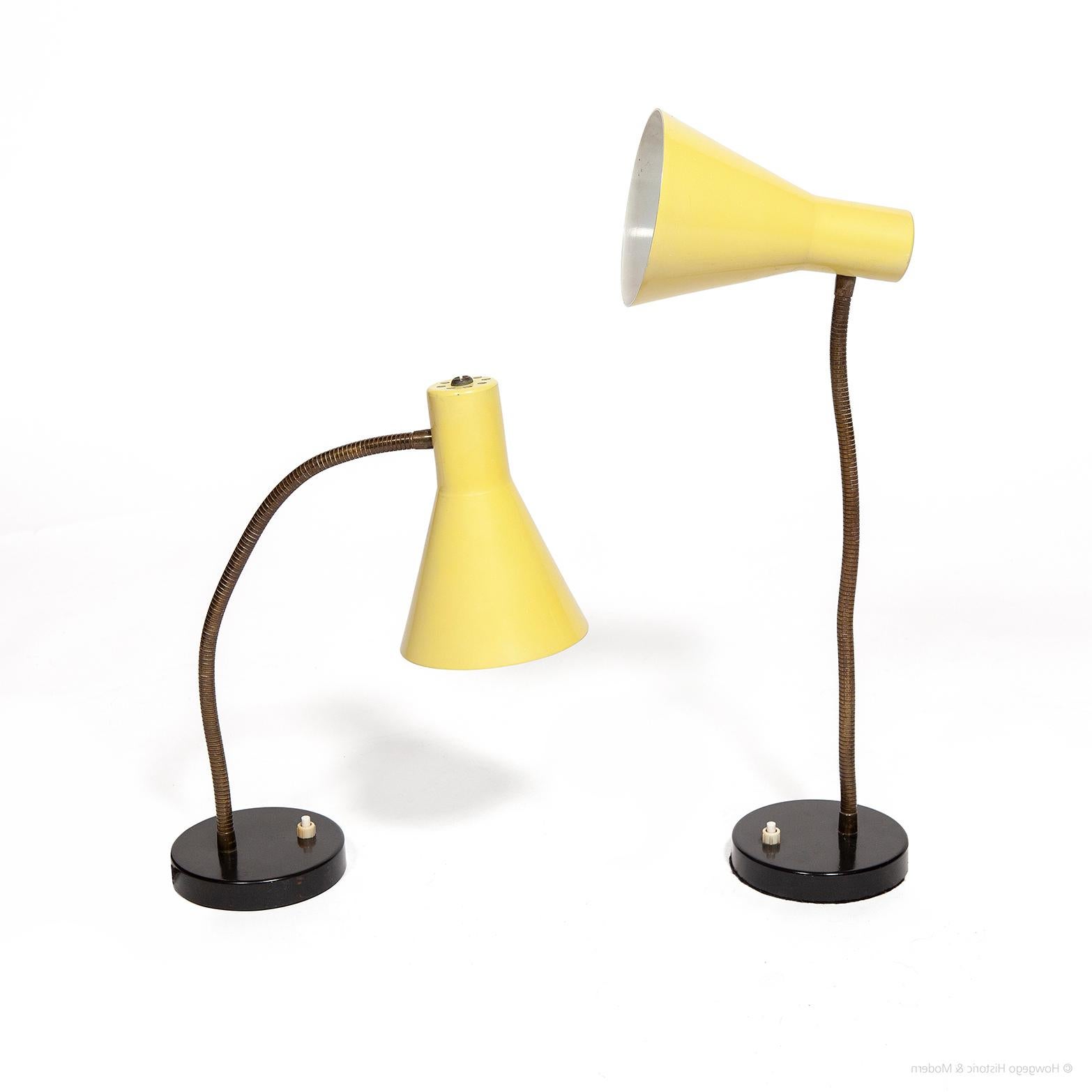 Mid-Century Modern Lamps Table Pair Metal Gooseneck Adjustable Yellow Shades 1960 Mid-CenturyModern For Sale