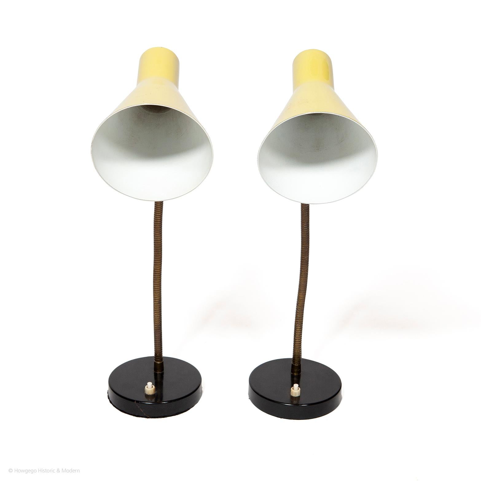 Italian Lamps Table Pair Metal Gooseneck Adjustable Yellow Shades 1960 Mid-CenturyModern For Sale