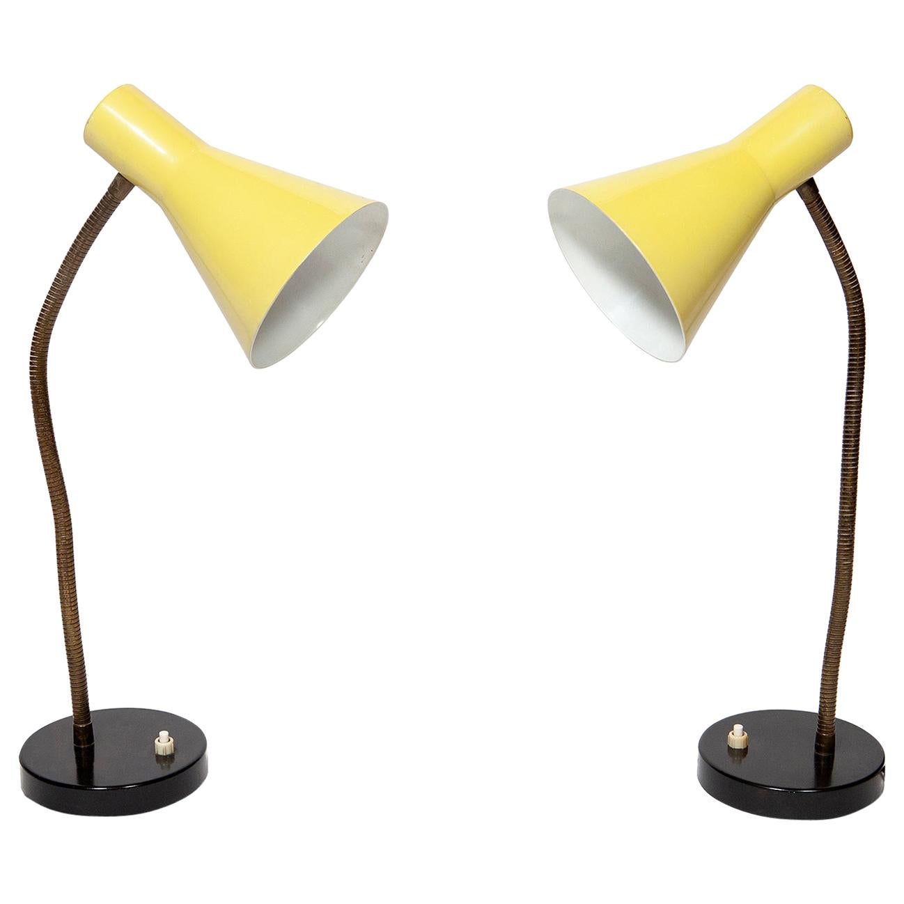 Lamps Table Pair Metal Gooseneck Adjustable Yellow Shades 1960 Mid-CenturyModern For Sale