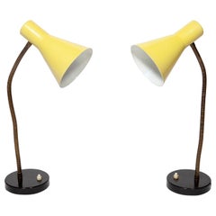 Vintage Lamps Table Pair Metal Gooseneck Adjustable Yellow Shades 1960 Mid-CenturyModern