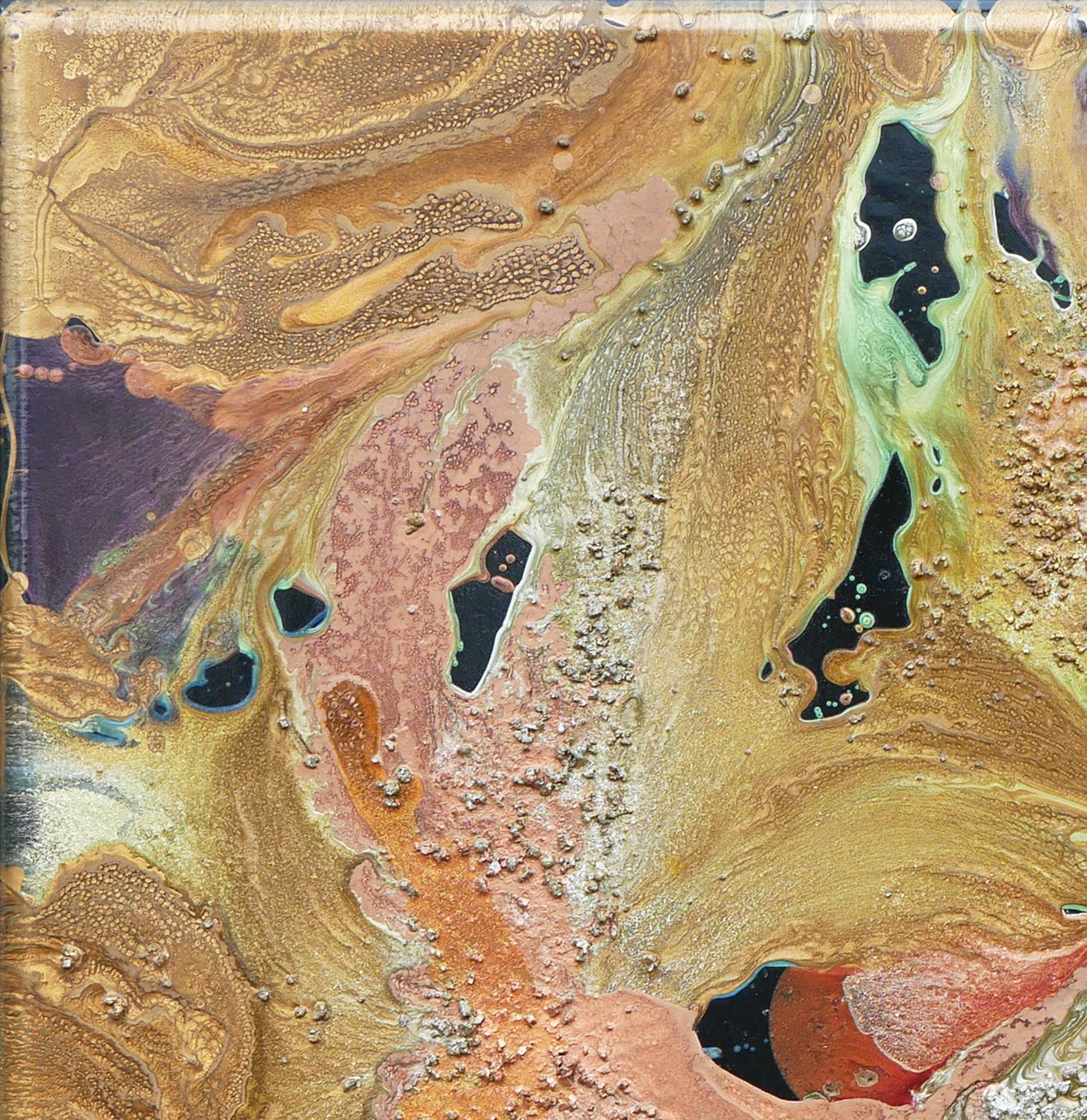 Gold, purple, and green abstract mixed-media painting by Hawaii-based artist, Èlan Vital. The piece depicts a deep, almost three-dimensional painting achieved through layers of pigments. Small stone-like details create texture throughout the