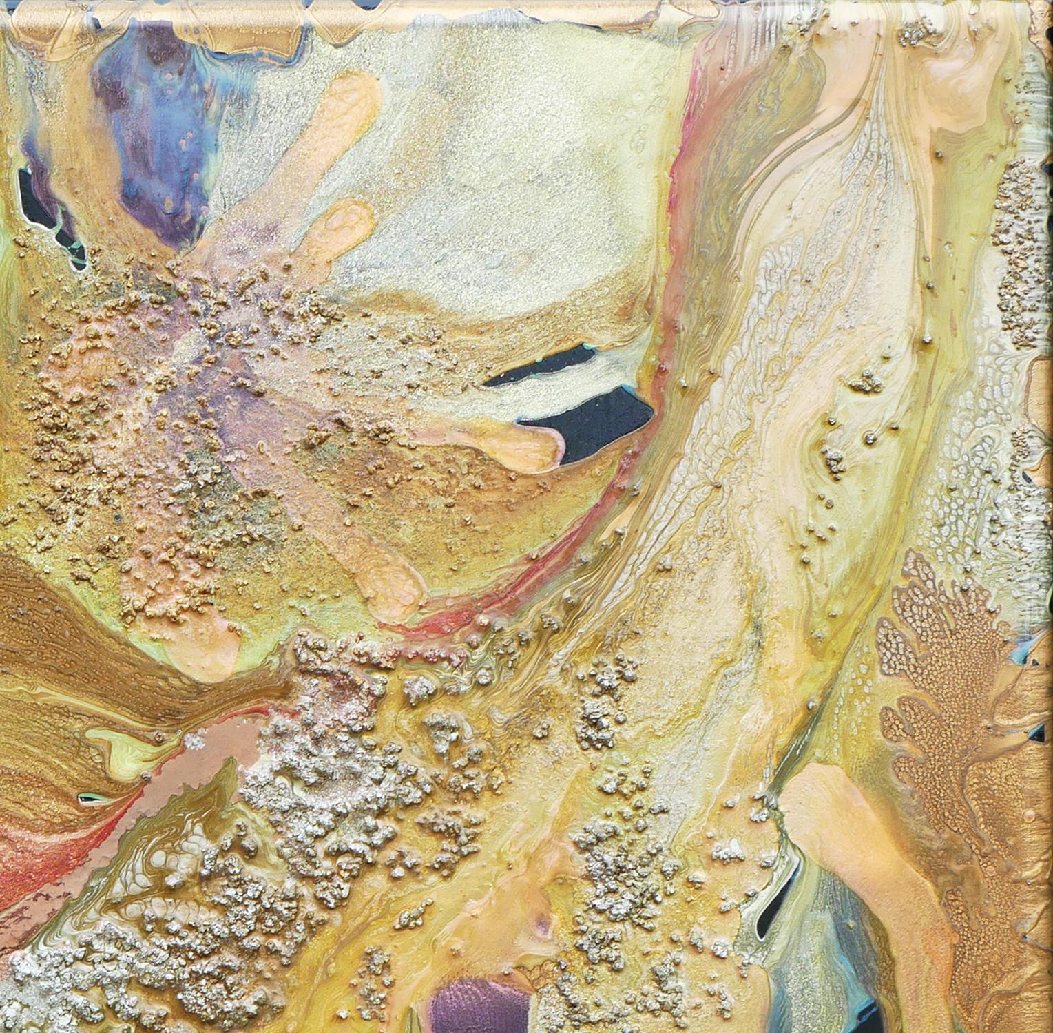 Gold, purple, and green abstract mixed-media painting by Hawaii-based artist, Èlan Vital. The piece depicts a deep, almost three-dimensional painting achieved through layers of pigments. Small stone-like details create texture throughout the