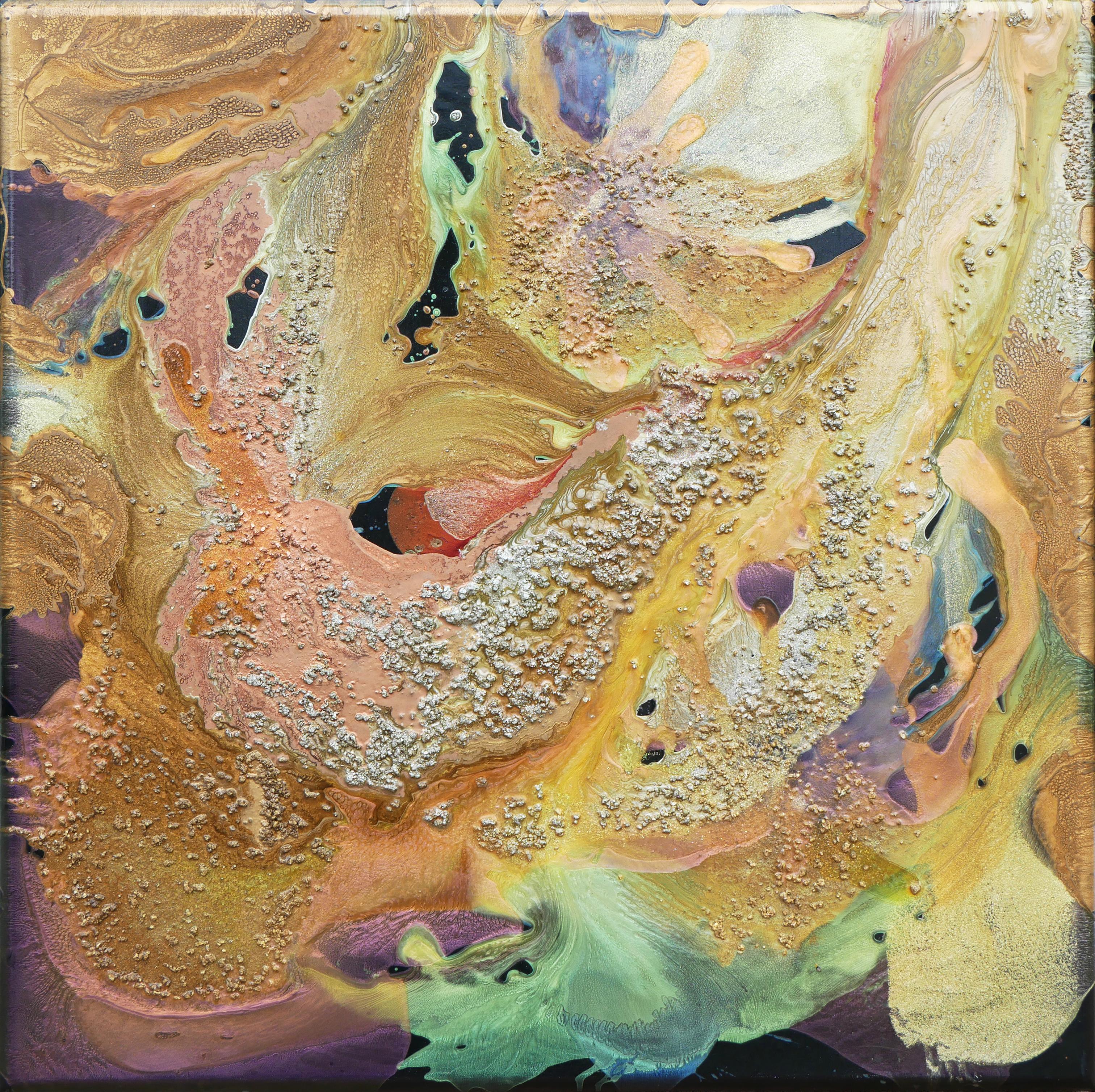 Gold- und lilafarbenes durchscheinendes dreidimensionales Gemälde in Mischtechnik