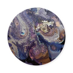 Round Deep Purple, Blue, and Gold Three Dimensional Mixed Media Painting