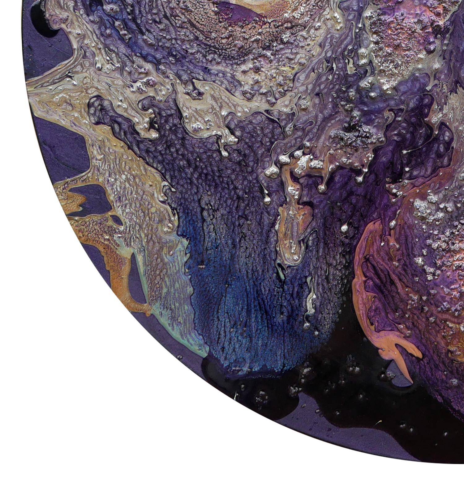 Deep purple and gold abstract mixed-media painting by Hawaii-based artist, Èlan Vital. This round piece depicts a deep, almost three-dimensional painting achieved through layers of pigments. Small stone-like details create texture throughout the