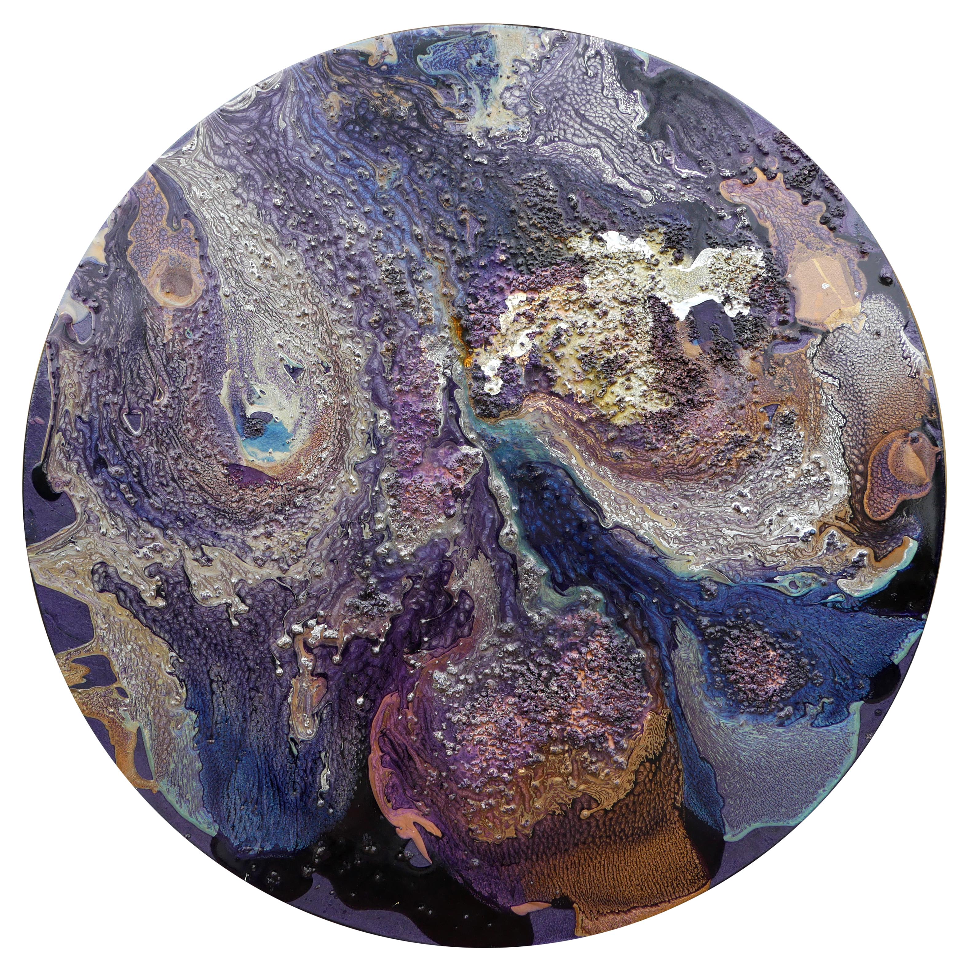 Élan Vital Abstract Painting - Round Deep Purple, Blue, and Gold Three Dimensional Mixed Media Painting