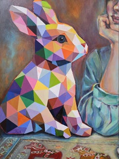 Peinture originale à l'acrylique représentant une femme et un lapin géométrique – « Conversation silencieuse »
