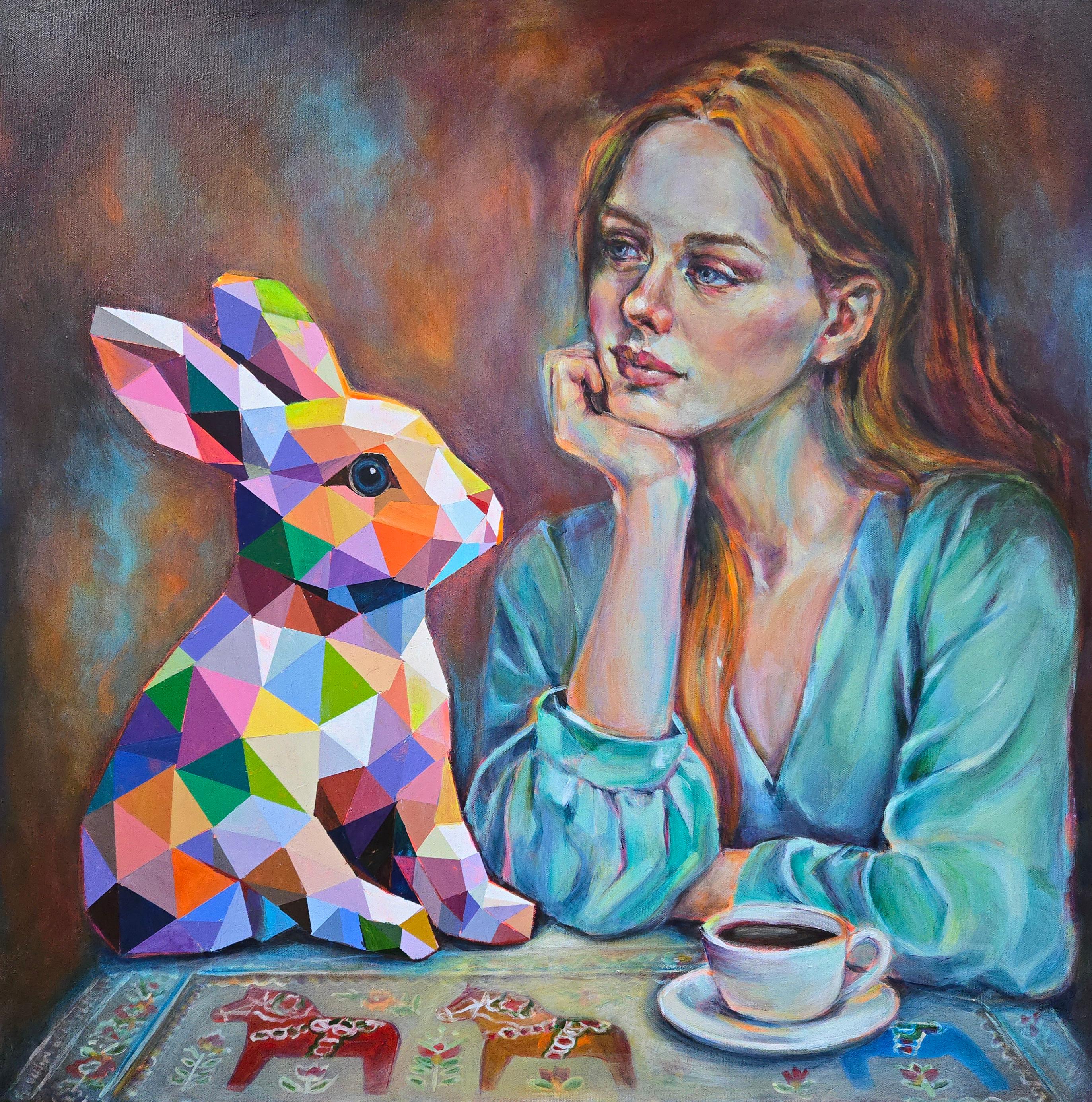 Original Acrylic Painting of Woman with Geometric Rabbit – Silent Conversation