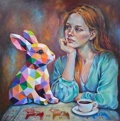 Peinture originale à l'acrylique représentant une femme et un lapin géométrique – « Conversation silencieuse »
