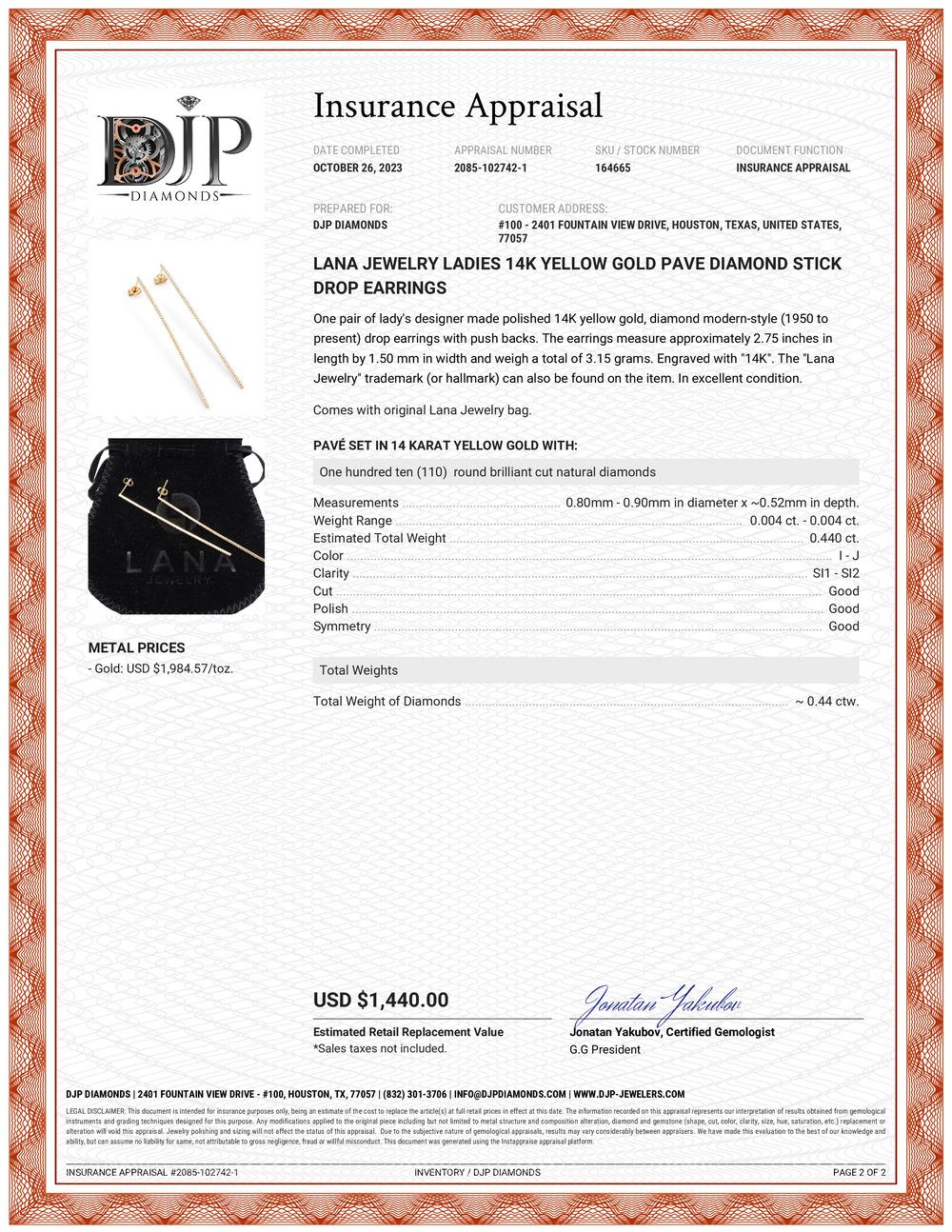 Lana Jewelry Ladies 14K Yellow Gold Pave Diamond Stick Drop Earrings For Sale 2