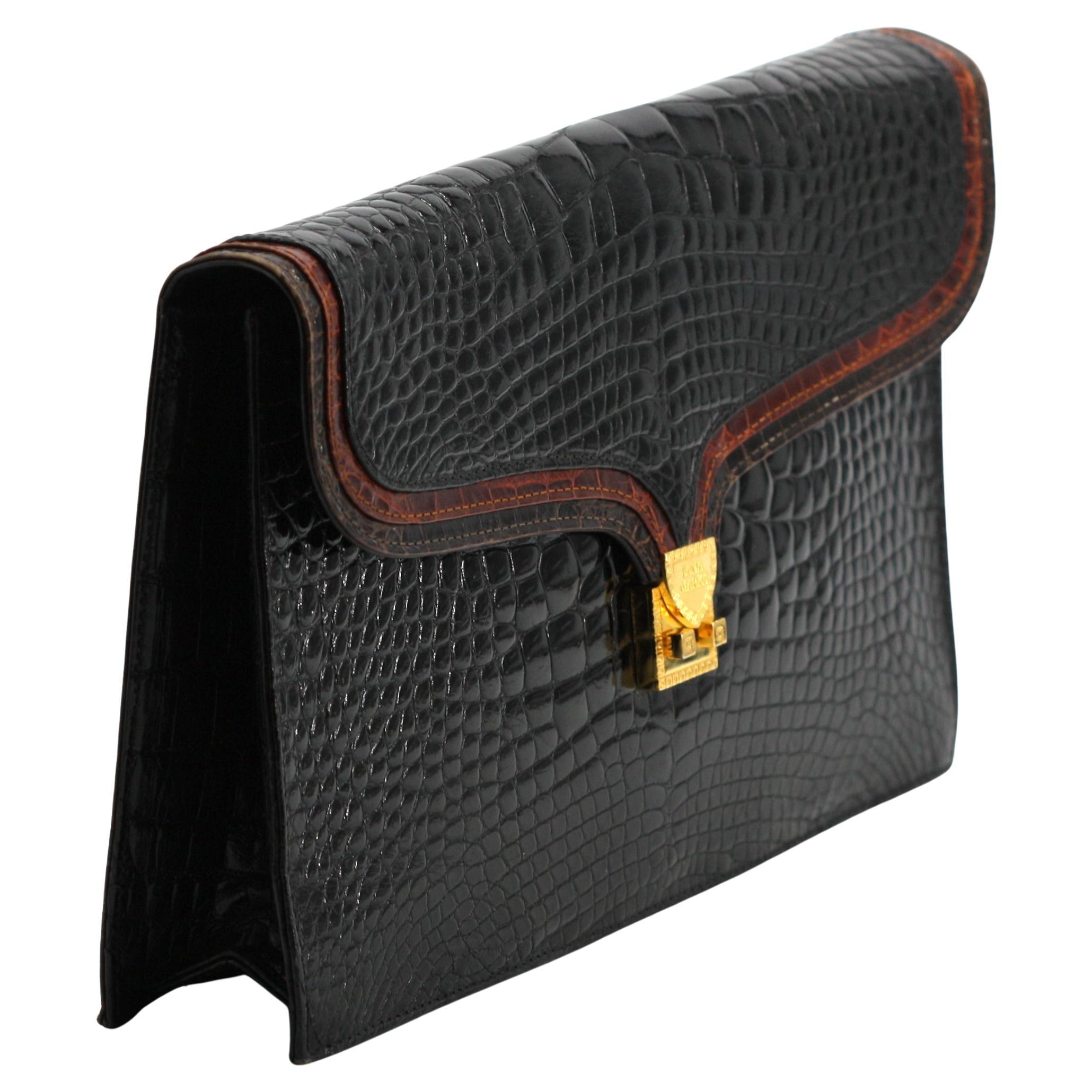 Pochette grande in coccodrillo nero e marrone di Lana Marks