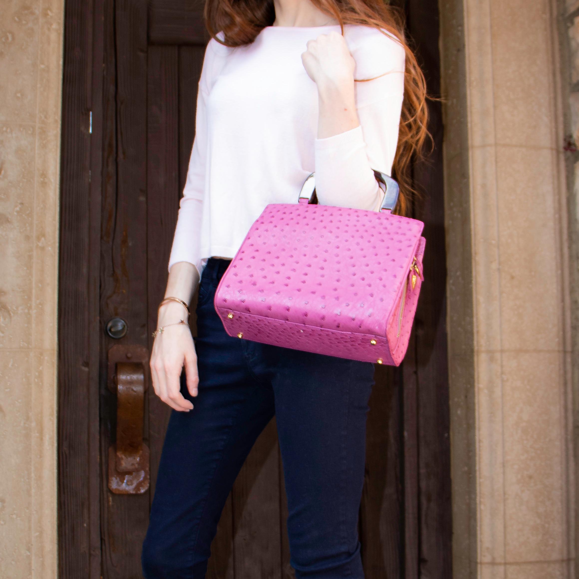 Lana Marks Lavender Pink Ostrich Handbag In Excellent Condition In Carlsbad, CA