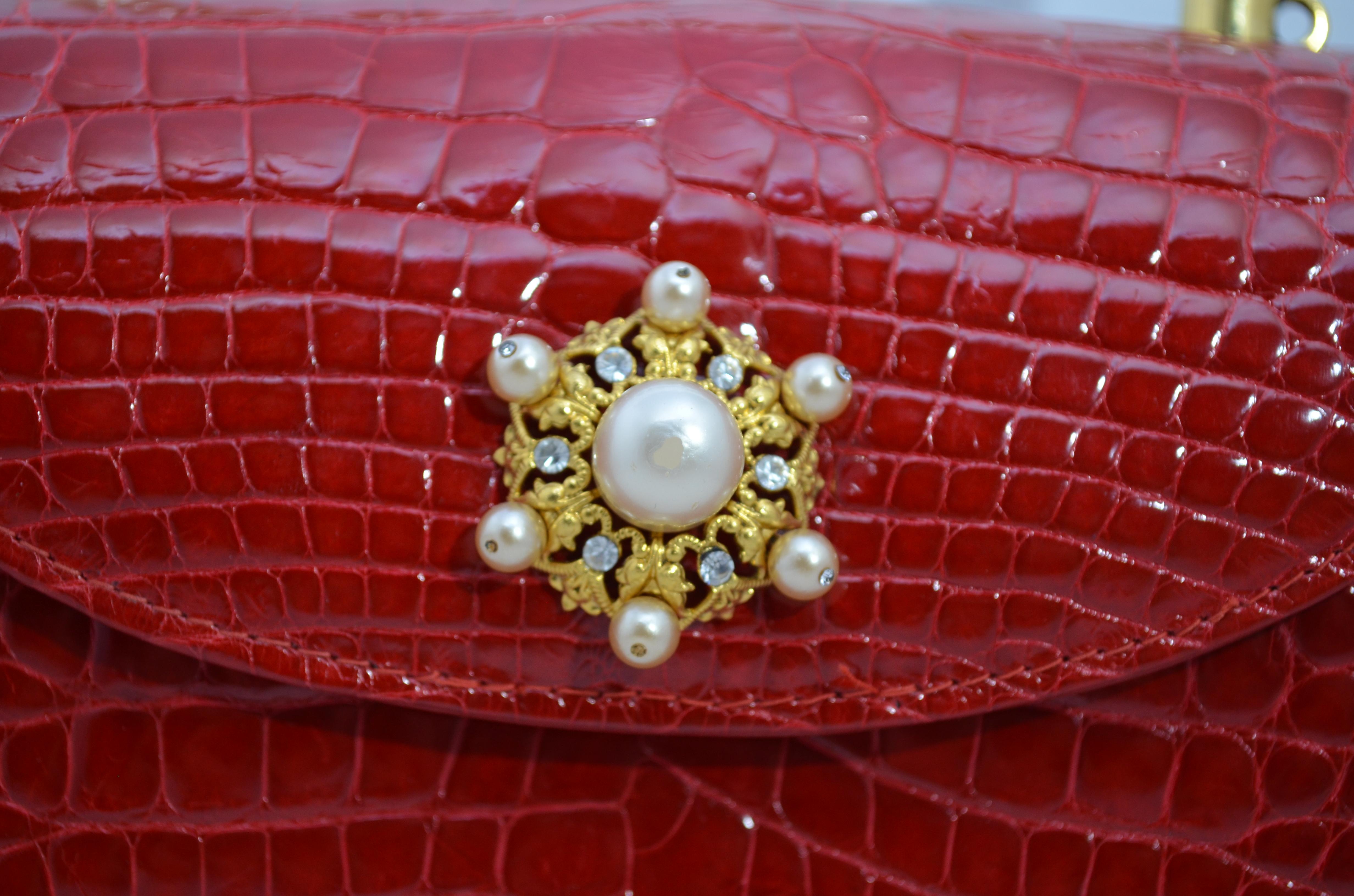 Women's Lana Marks Red Alligator Purse with Pearl Handle