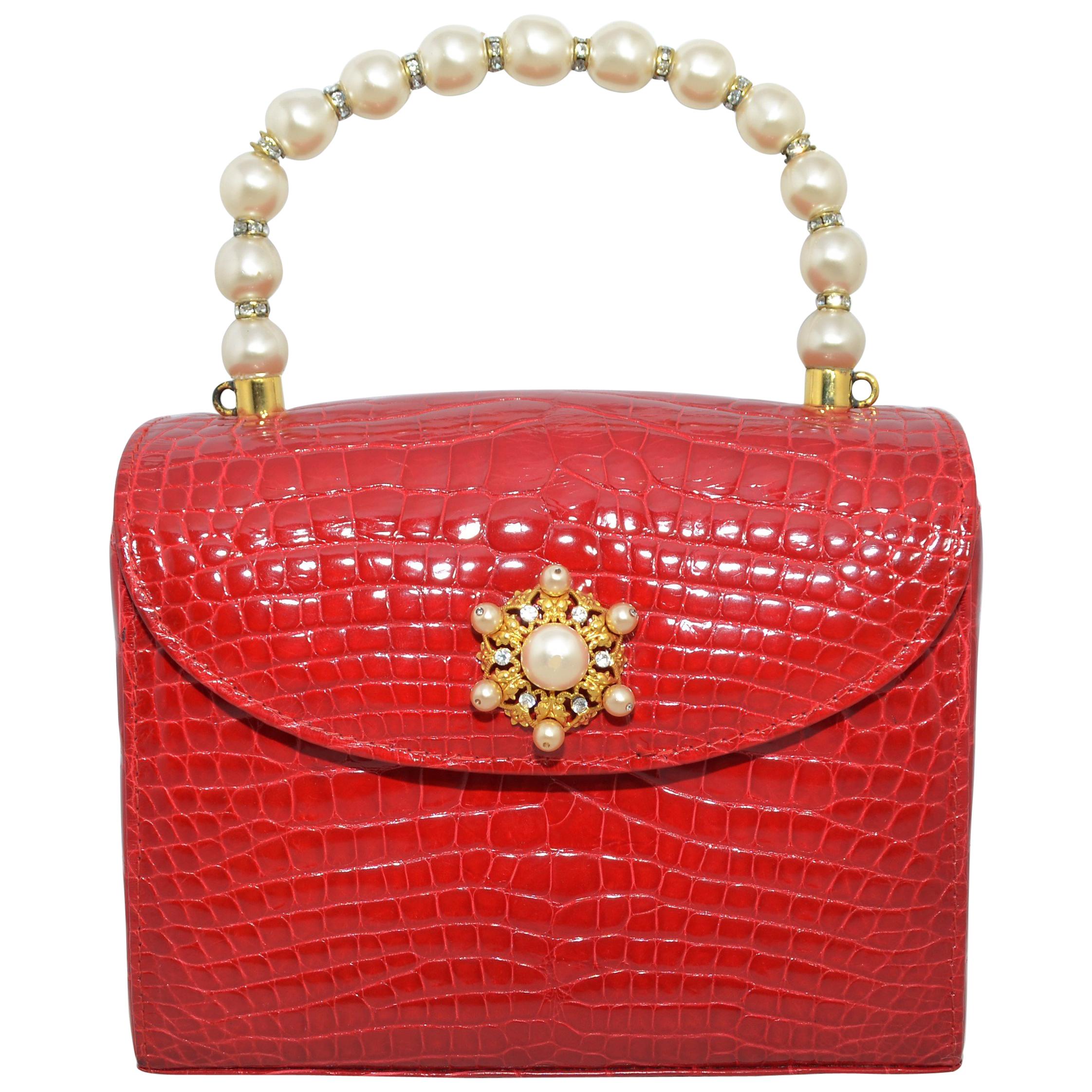 Lana Marks Red Alligator Purse with Pearl Handle
