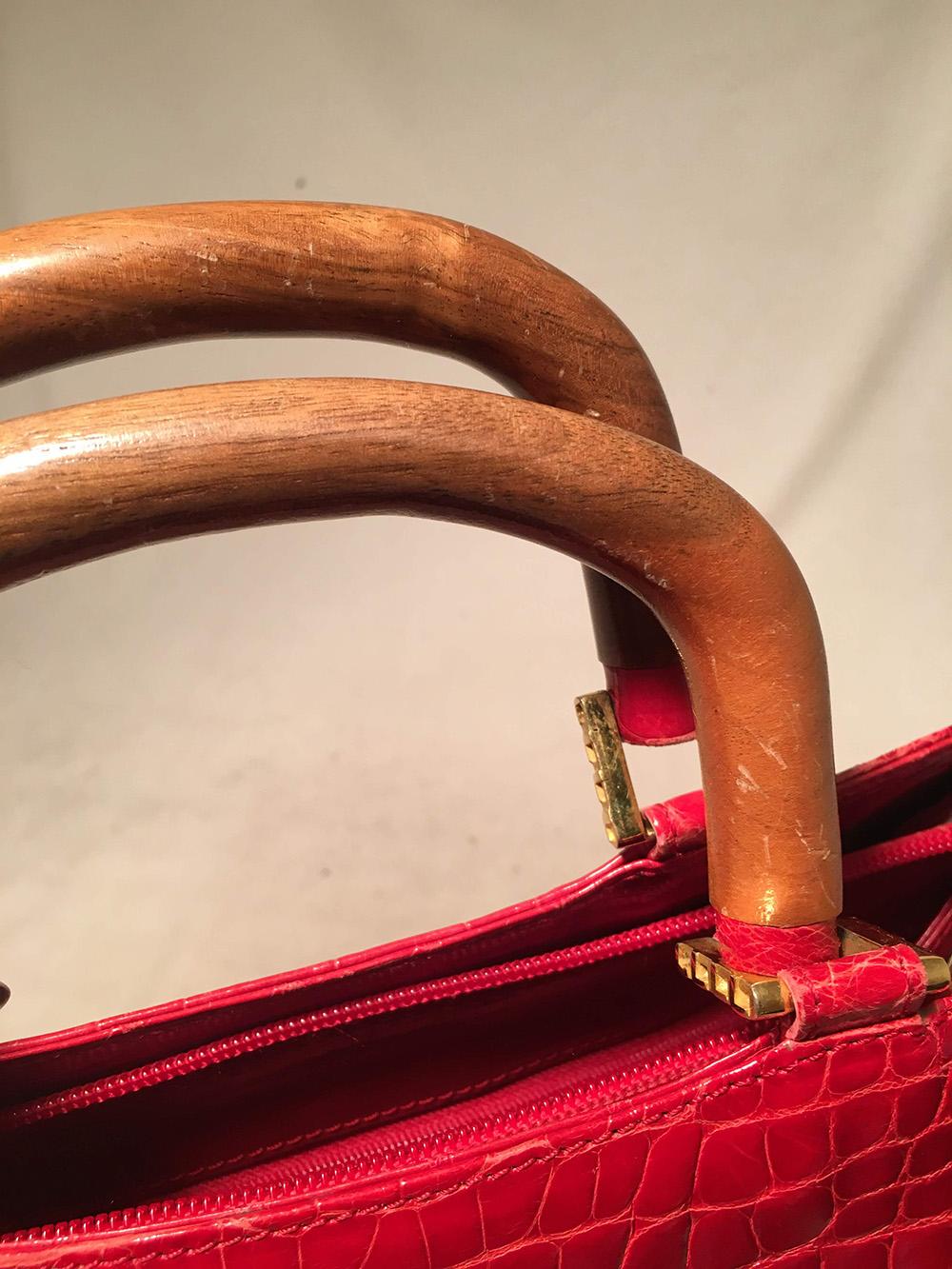 Lana Marks Red Crocodile Wood Handle Handbag For Sale 3