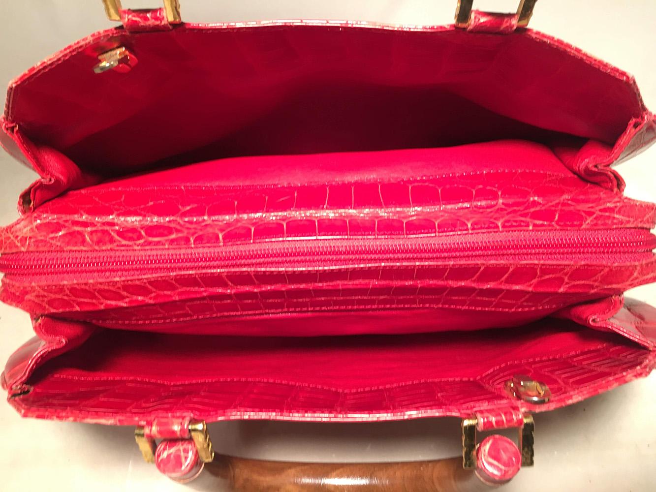 Lana Marks Red Crocodile Wood Handle Handbag In Excellent Condition For Sale In Philadelphia, PA